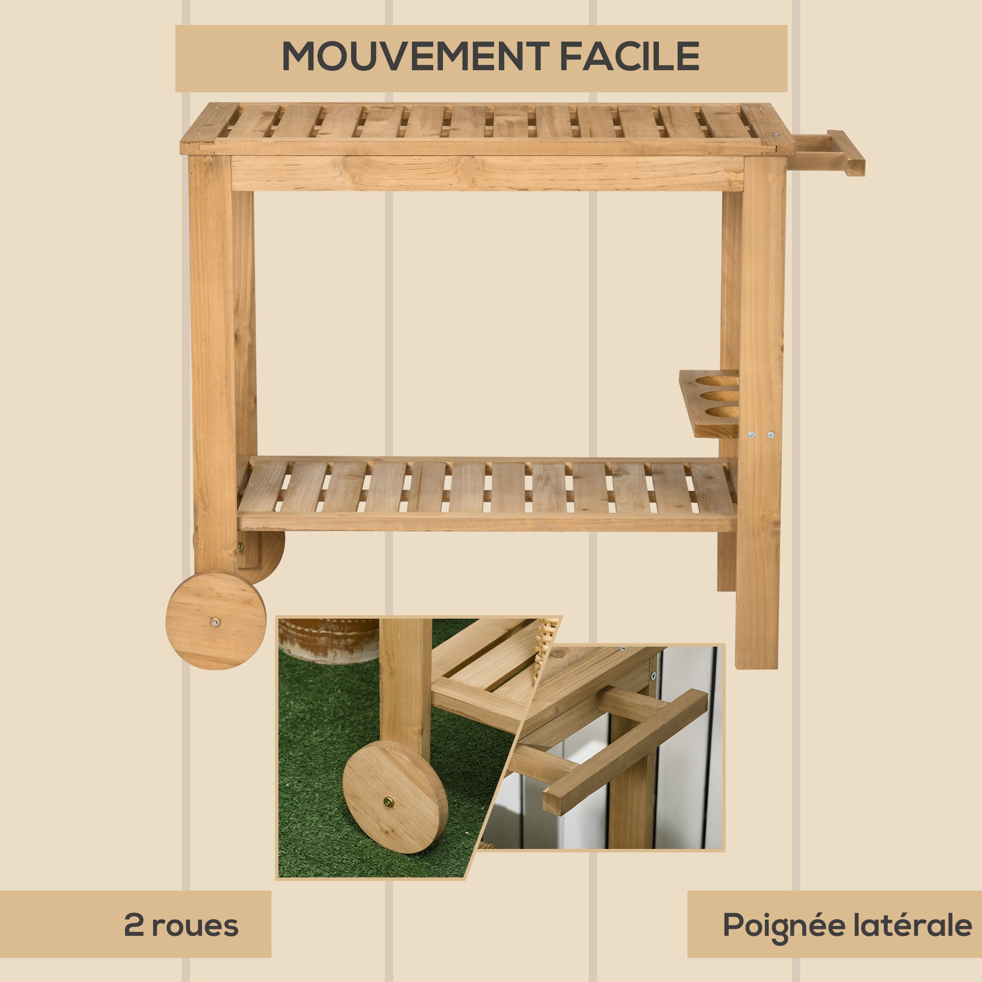 Desserte de jardin chariot pour plancha barbecue en bois avec poignée 2 plateaux et porte-bouteilles 95 x 47 x 74 cm - 7
