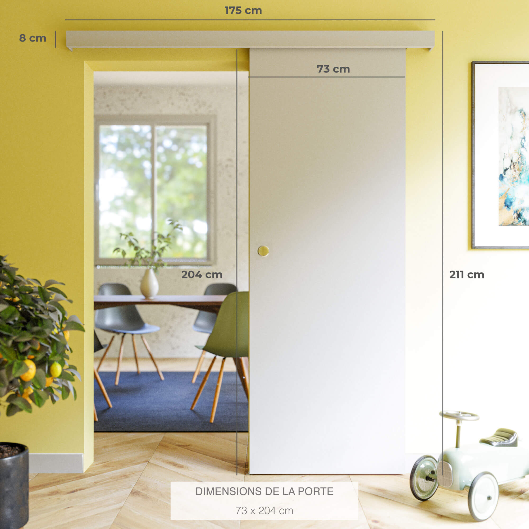 Porte Coulissante avec Rail - Prépeinte Plane 73 cm - Sans butée - 5