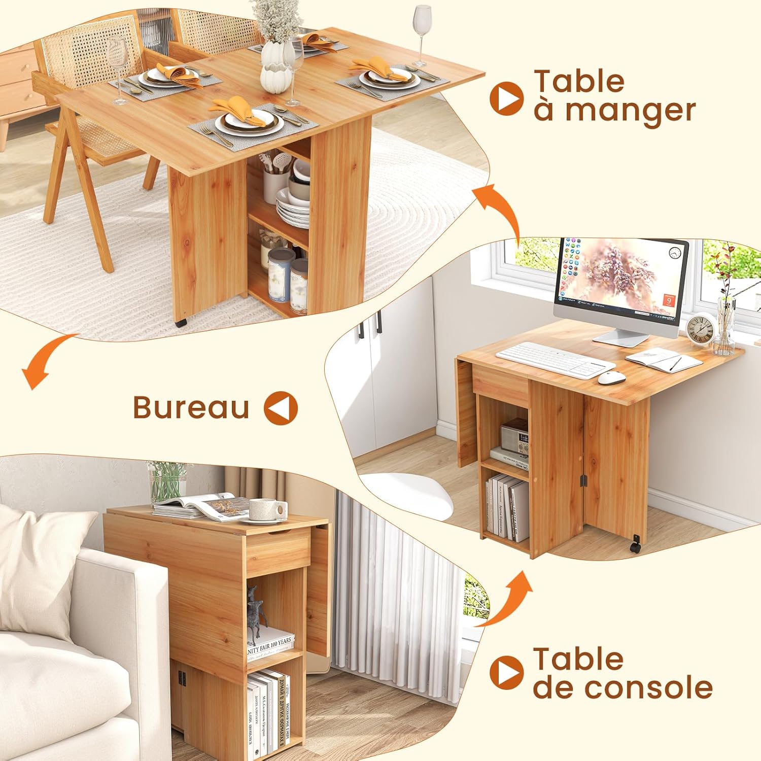 Mesa dobrável para cozinha, mesa dobrável interna com 1 gaveta e 2 prateleiras, mesa extensível para 4 pessoas, 34-120 x 72 x 75 cm (natural) - 4