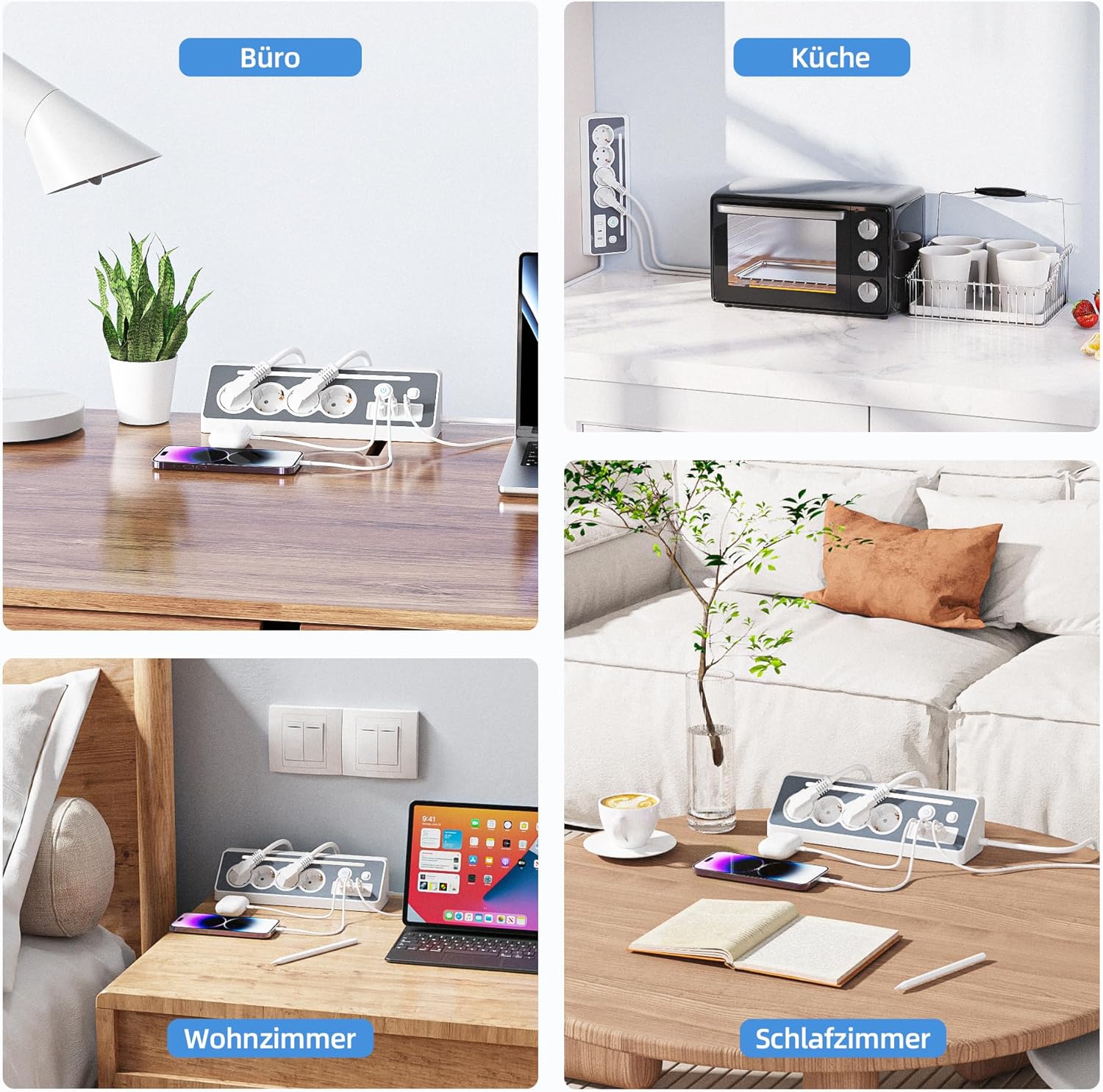 Multiprise de Bureau, 4 Prises avec USB et 2 Types C, 16 A, 3680 W, 2 Interrupteurs, Protection Surtension LED, Multiprise Cuisine Bureau - 7