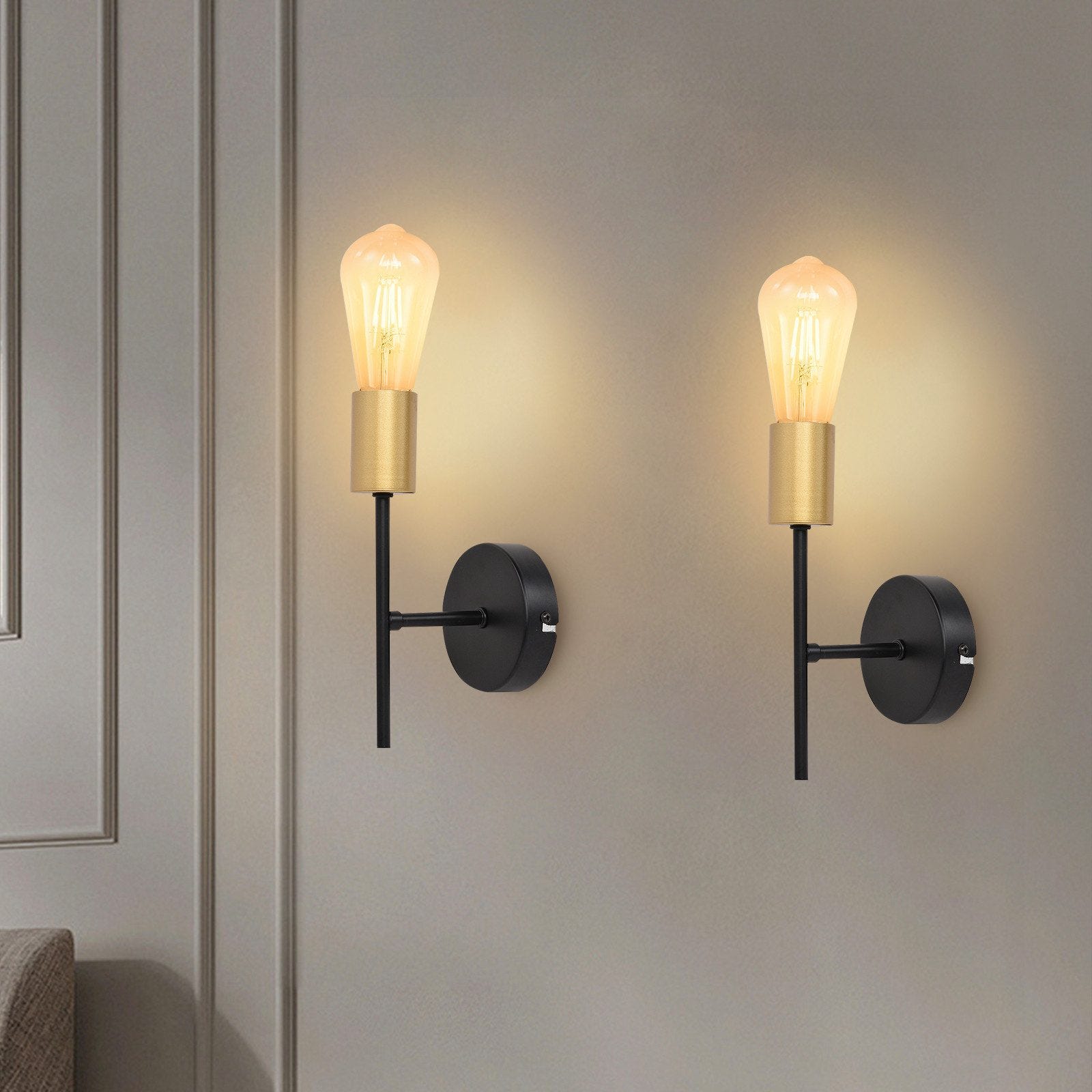 2 Applique Da Parete Esterne E27 - Stile Industriale In Metallo E Legno, Bianco (Senza Lampadine) - Foto 2