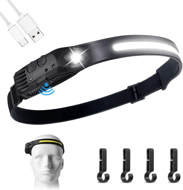 Lampe frontale rechargeable, lampe frontale LED rechargeable par USB, lumière de sport étanche IPX4 de 600 lumens, capteur à 5 modes d'éclairage pour