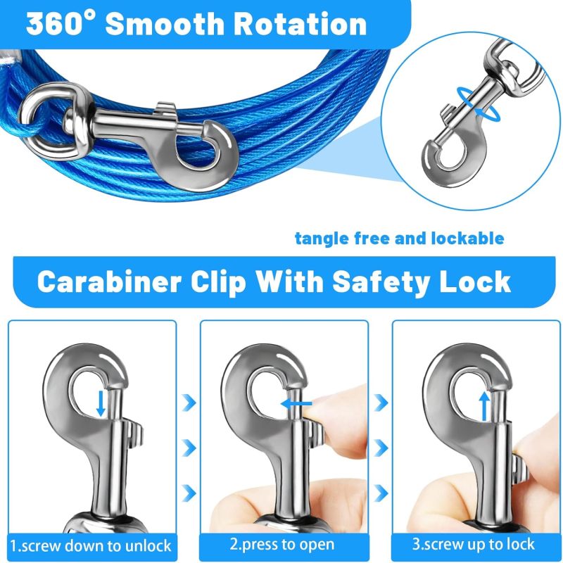 Cão cabo de amarração: 15 FT aço Wire Runner com Superior Clips-resistente cão Lead para cães grandes cima para 165 lbs, ao ar livre Yard uso - 3