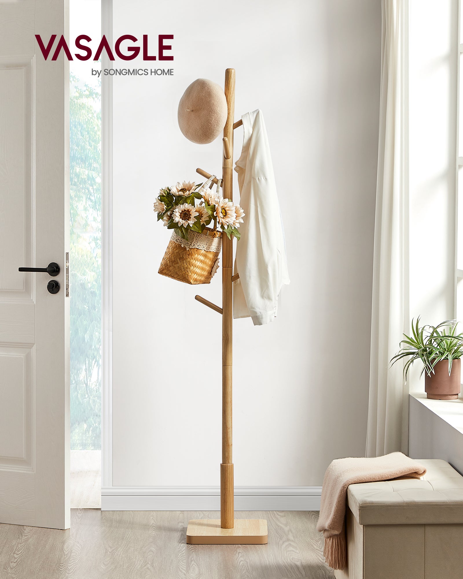 Portemanteau, Support sur Pieds avec 8 Crochets, 3 Hauteurs, pour Manteaux, Chapeaux, Sacs, Bois d'Hévéa, Beige Naturel - 2