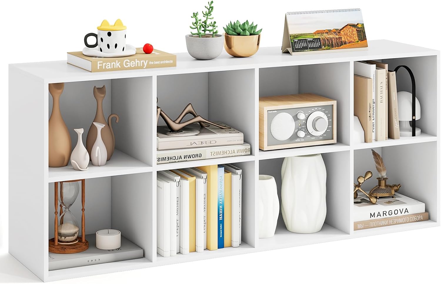 Biblioteka 8 Kostek, Mebel do Przechowywania dla Dzieci z Zabezpieczeniem przed Przewróceniem, Półka na Książki i Zabawki, 121,5 x 29 x 61 cm (Biała)