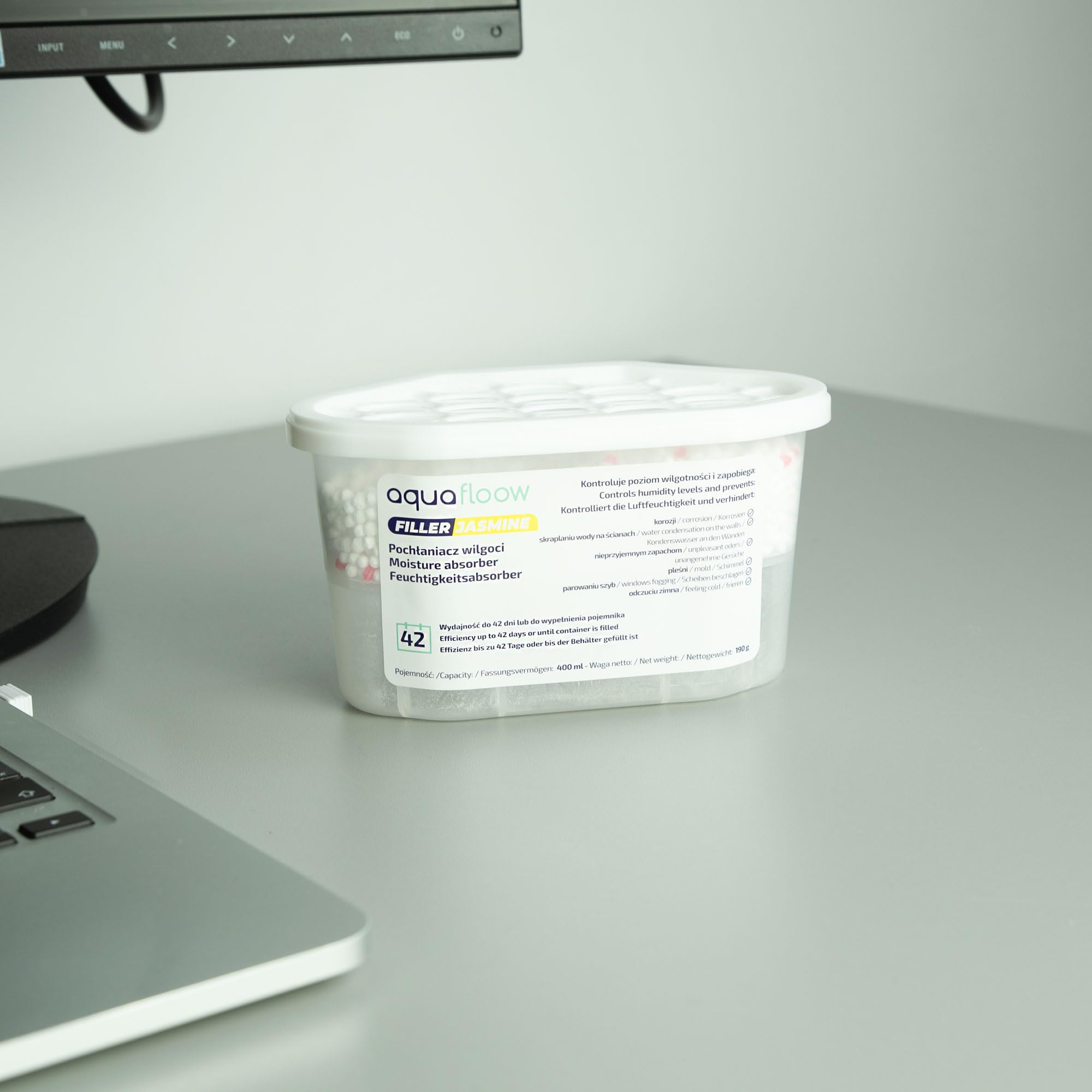 Aquafloow Assorbitore di Umidità per Ambienti 400 ml, Riduce l'umidità, 3 Pezzi JASMINE | Neutralizzatore di Odori, Deumidificatore per Cucina, Arma - 4