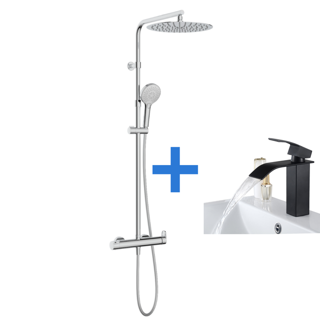 Colonne de douche + NOIR Robinet de Lavabo en Cascade Mitigeur en Laiton pour Salle de Bain Design Moderne,EU Modèle