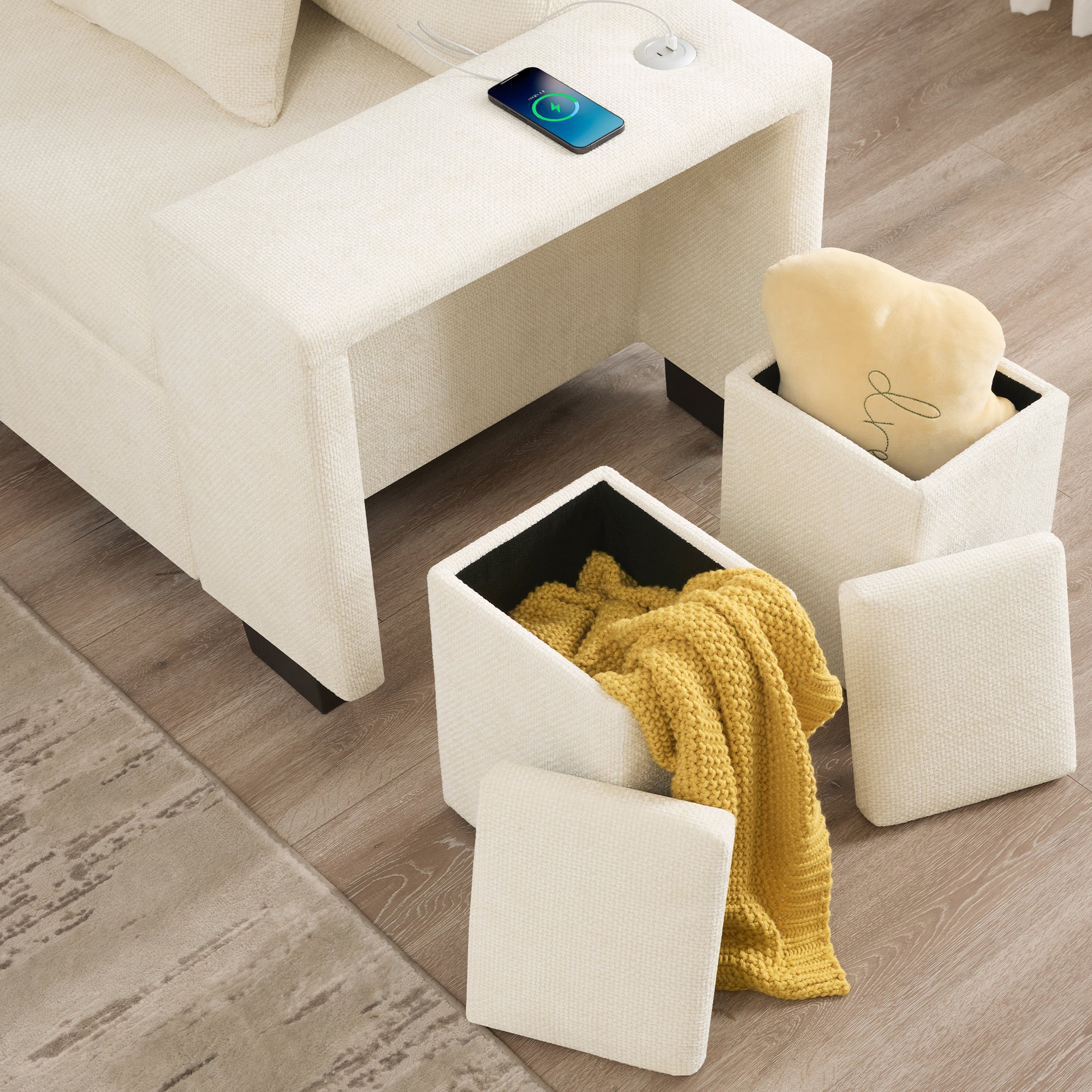 Canapé d'angle modulable 5-7 places avec pouf et rangement - 220 x 205 x 86,5 cm - Chenille - ports USB et USB-C - méridienne réversible - Beige - 6
