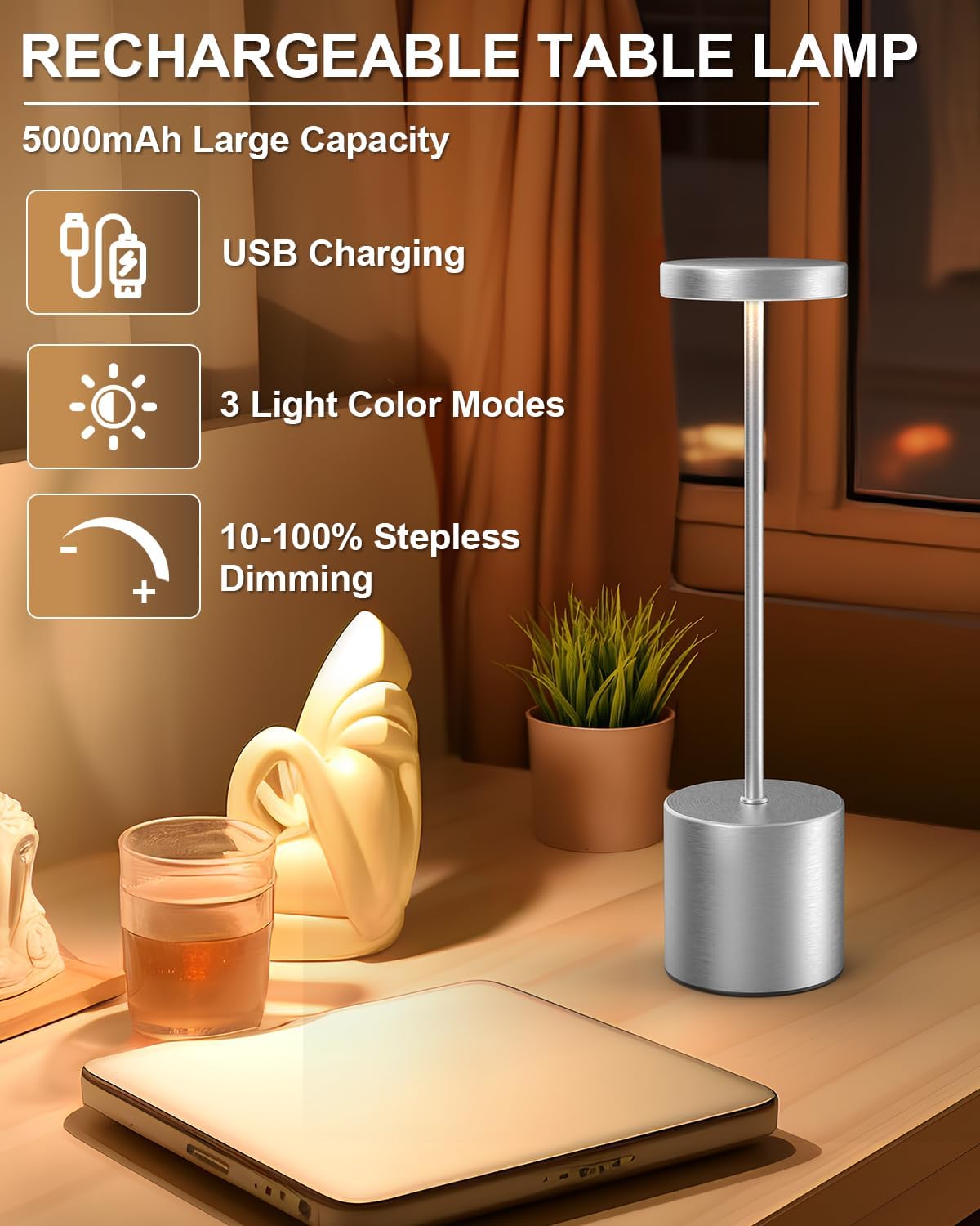 Zestaw 2 bezprzewodowych lamp stołowych LED z akumulatorem 1200 mAh, w kolorze srebrnym, z 3 regulowanymi poziomami kolorów do czytania/restauracji - 6