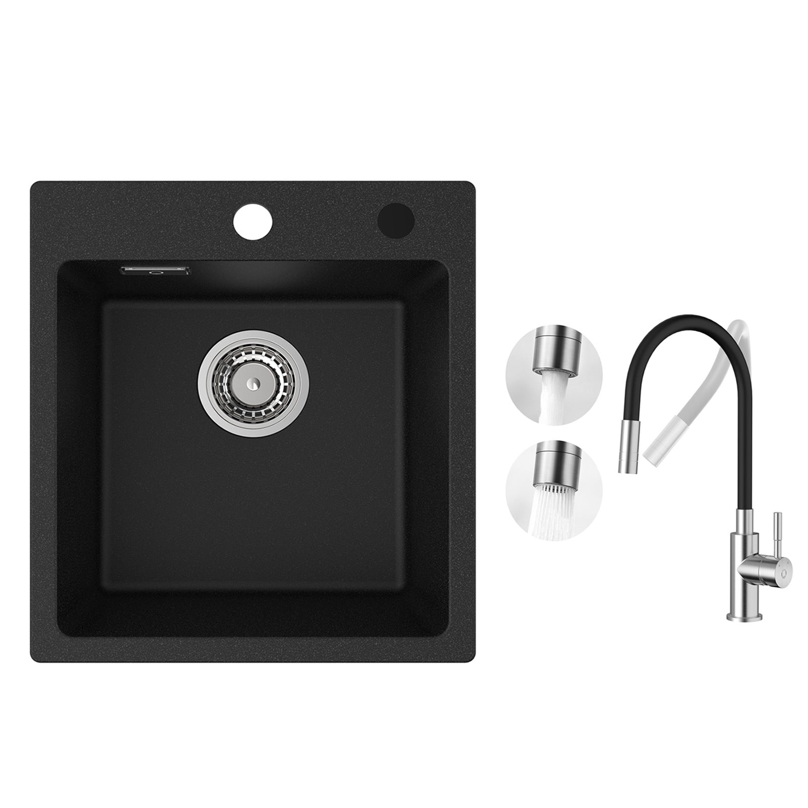 Fregadero de cuarzo y resina fregadero de cuarzo 40x45cm 1 seno negro + mezclador de cocina flexible, 2 tipos de chorros grifo extraíble cepillado