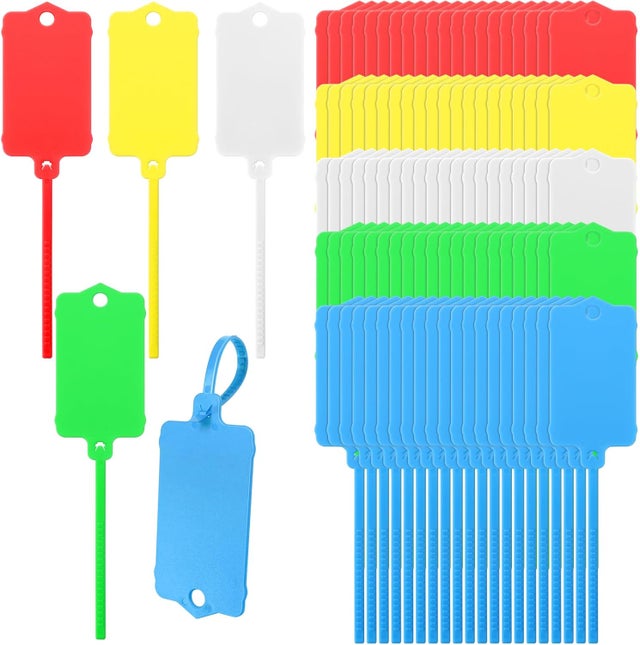 Opakowanie 100 plastikowych etykiet wysyłkowych, 3,7 x 6,3 cm, wodoodporne etykiety z możliwością zapisu, etykiety do opasek kablowych