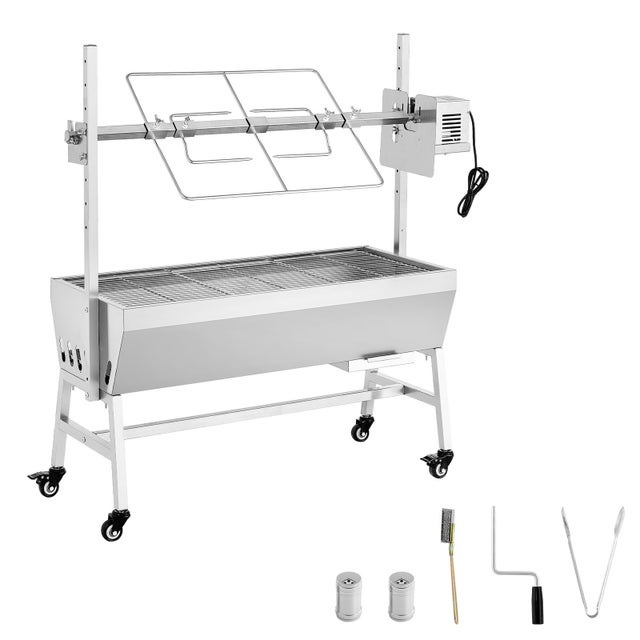 Barbecue a charbon SucceBuy avec tournebroche electrique 38 W, capacite 60 kg, equipe de roues et 7 niveaux de reglage, broche en acier inoxydable