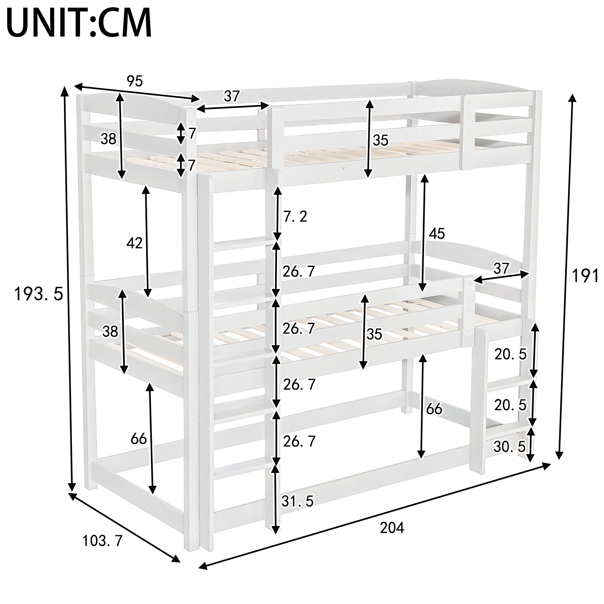 Lit superposé triple avec échelle et barrière de protection - 90x200cm - bois massif - Blanc - 7