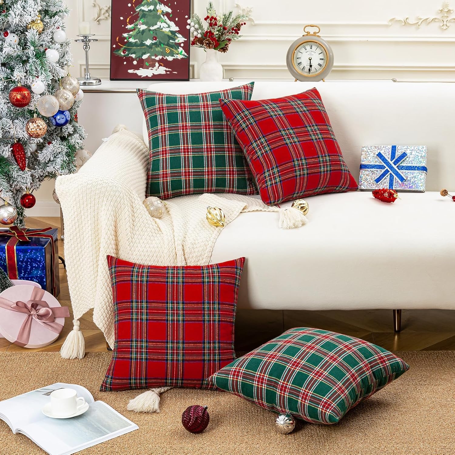 Housse Coussin Noel 45x45 cm Rouge Tartan Ecossais Plaid Taies d'oreiller à Carreaux Housses de Coussin Douces pour Canapé Salon Intérieur Deco Décora - 3