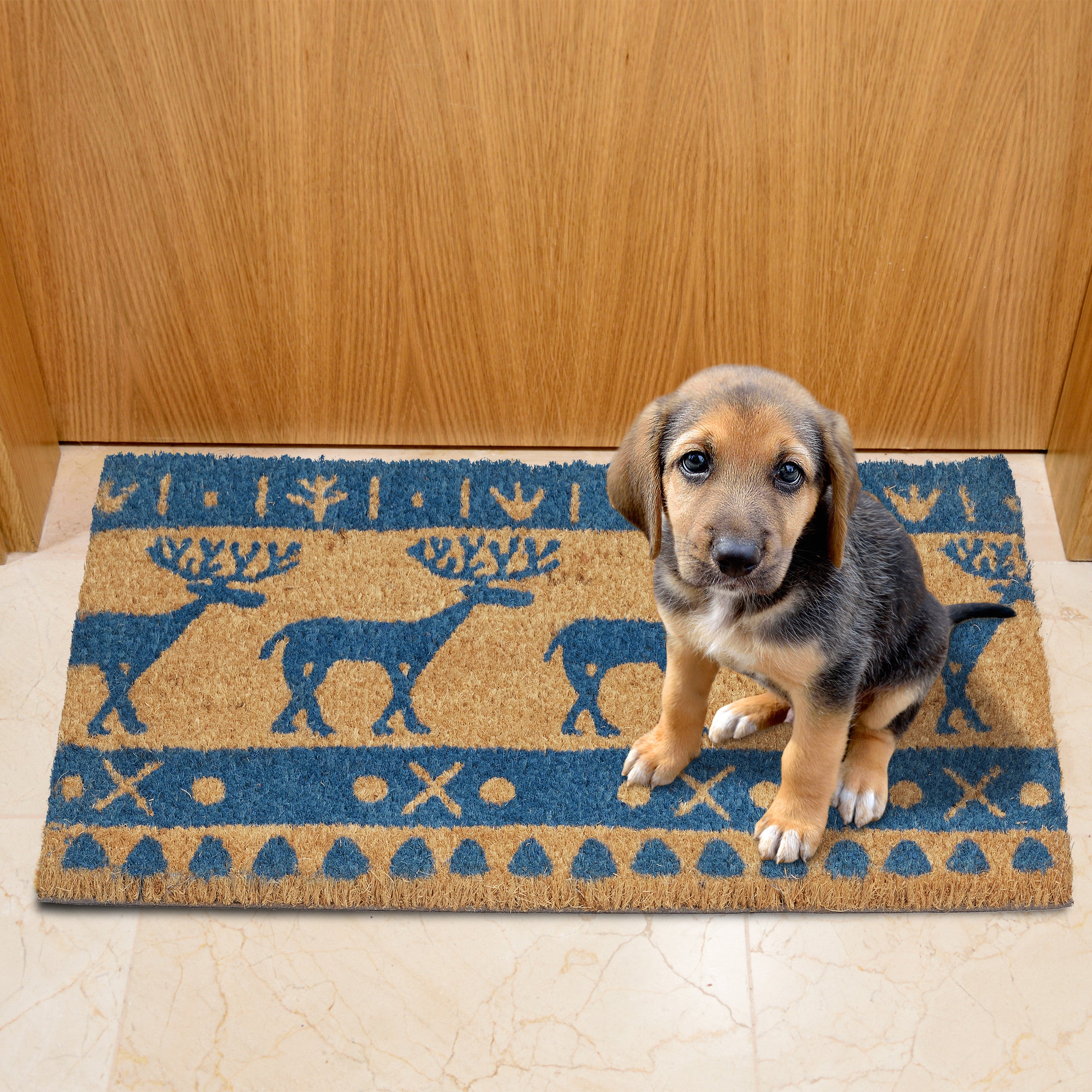 Relaxdays Paillasson coco, Noël, renne, 60x40 cm, tapis d’entrée pour intérieur et extérieur, antidérapant, bleu/nature - 3