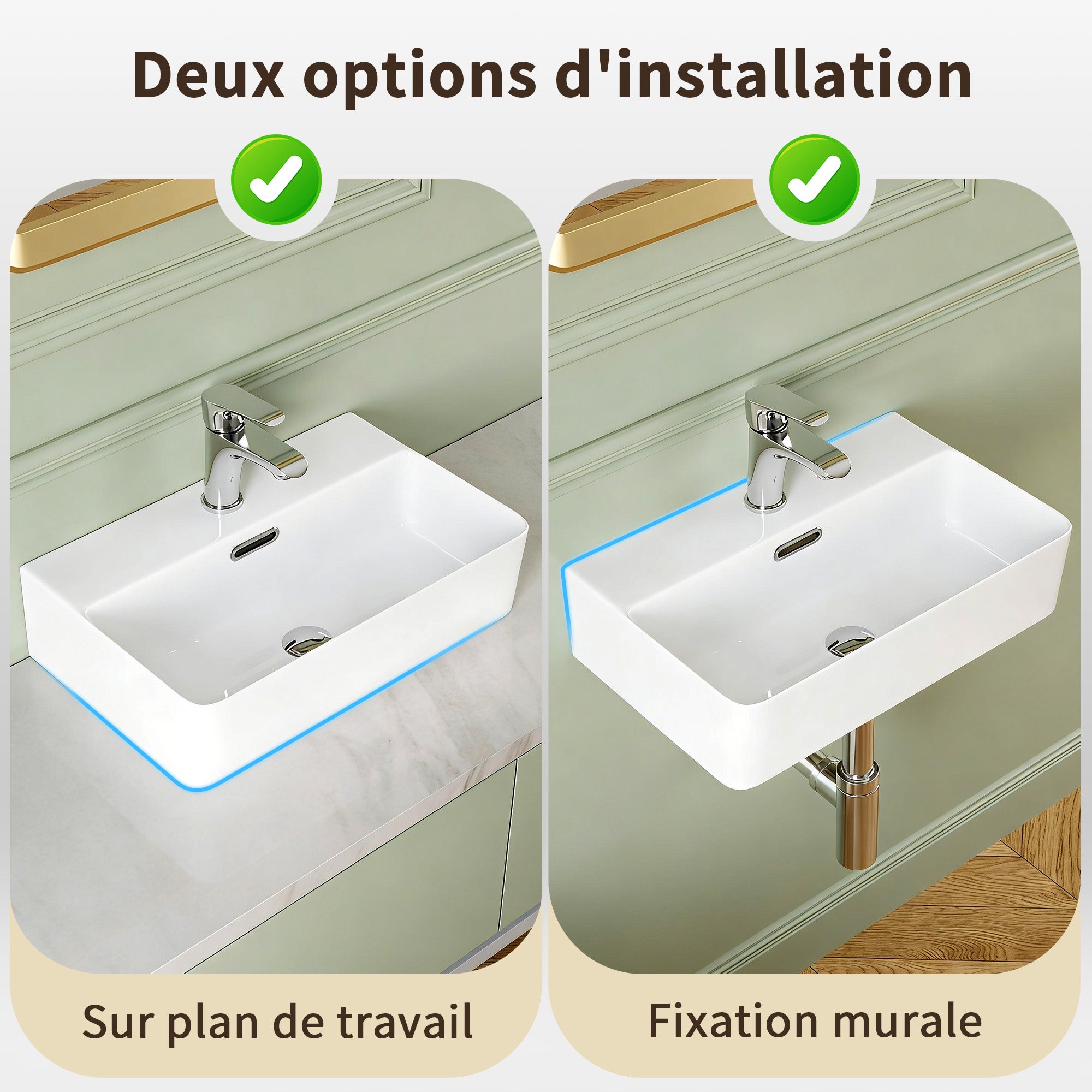 Vasque lave-main 46 cm céramique – Bord fin, coins arrondis – Bonde & trop-plein inclus – Vasque salle de bain à poser ou mural – Idéal lave main wc - 8
