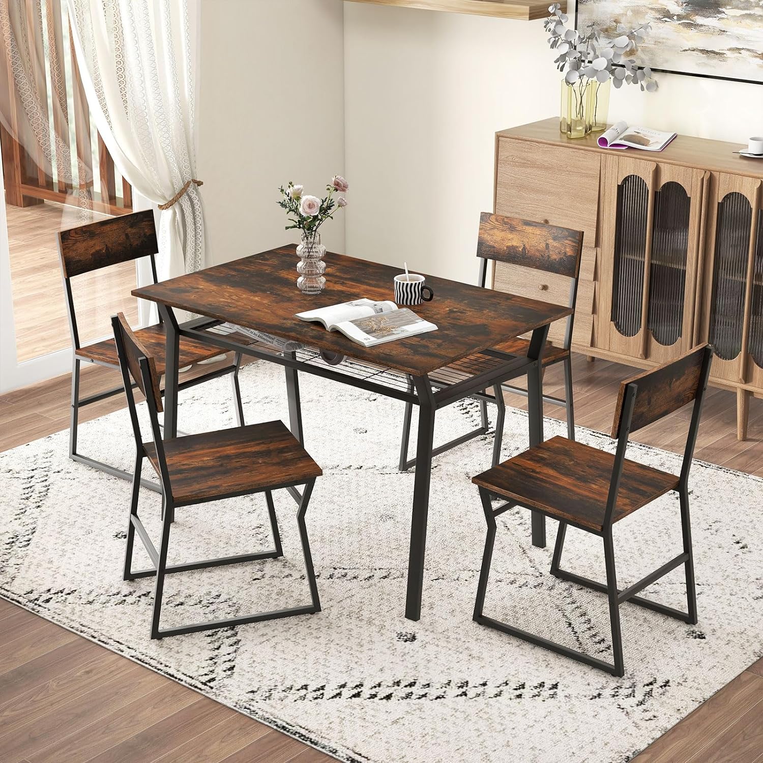 Set da Tavolo e Sedie da Pranzo, Tavolo da Pranzo con 4 Sedie Industriale, Set 5 Pezzi Mobili con Mensola Portaoggetti e Telaio in Metallo, pe - 2