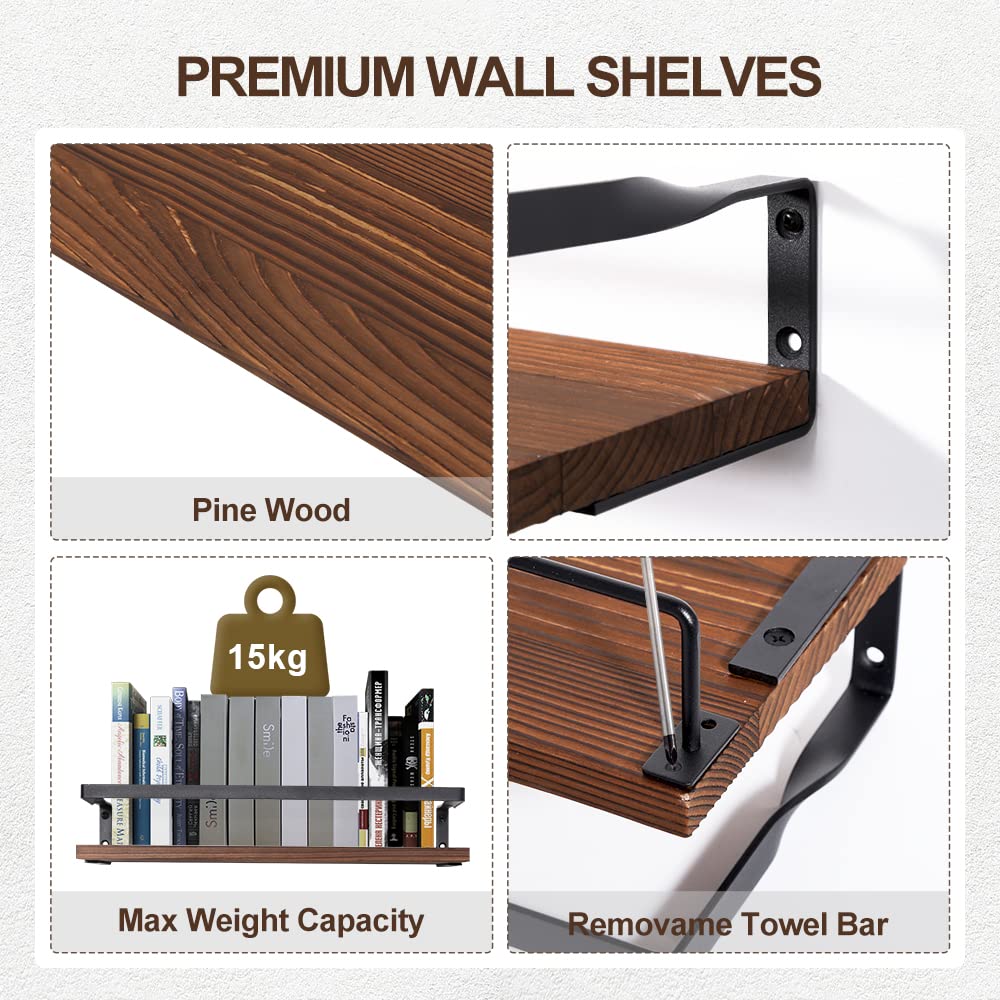 Uten Mensole da Muro Design Moderne, Set 2 Pezzi Mensole da Muro in Legno con Portasciugamani e Ganci, Mensole Sospesa da Parete Rustico per Cucina, B - 4