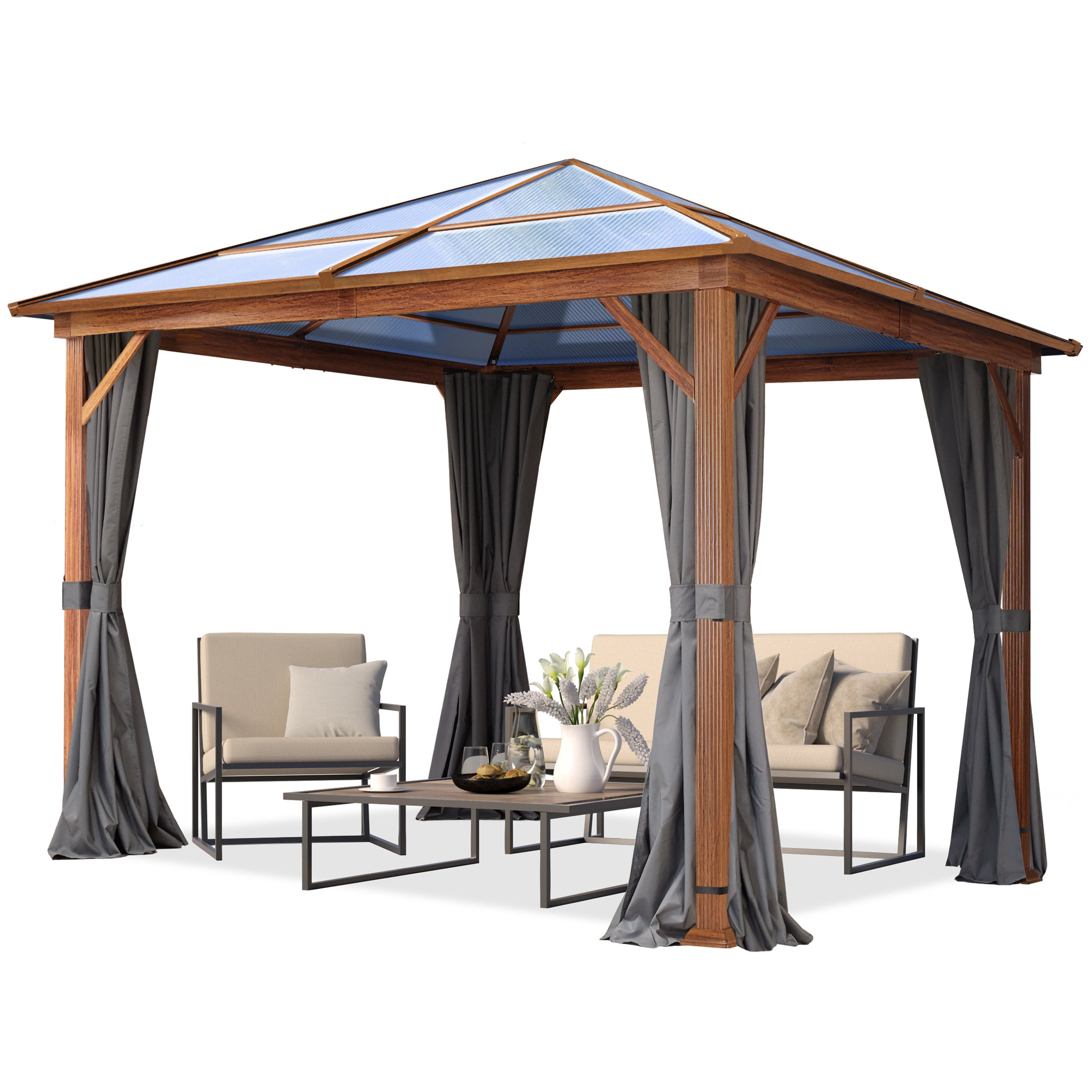 Pawilon ogrodowy 3x3 m w optyce drewna Hardtop dach z poliwęglanu ok. 8 mm z ściany boczne w kolorze szarym