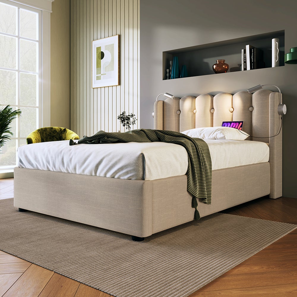 Lit coffre Lit simple rembourré Tête de lit Espace de rangement Cadre de lit en velours Lit d'adolescent 90x200 avec sommier à lattes Naturel - 5