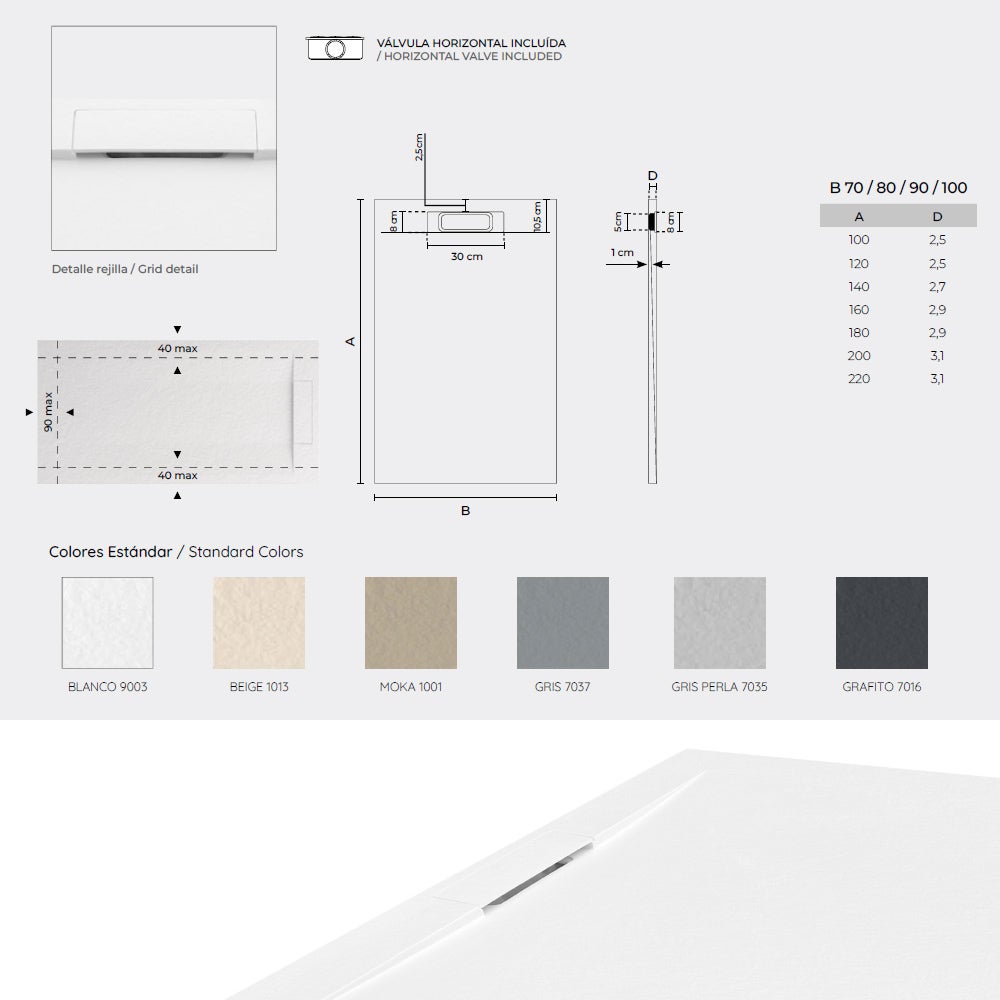 Base de duche de resina antiderrapante com válvula oculta | Cor Cinza Pérola | 120x70cm - 3