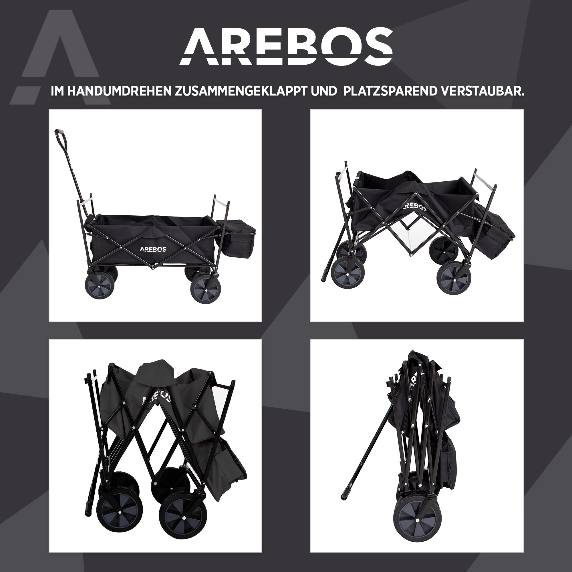 AREBOS Chariot de transport pliable avec toit UV, sac XXL, roues 360°, capacité 70 kg – idéal pour excursions, plage, jardin et loisirs - 6