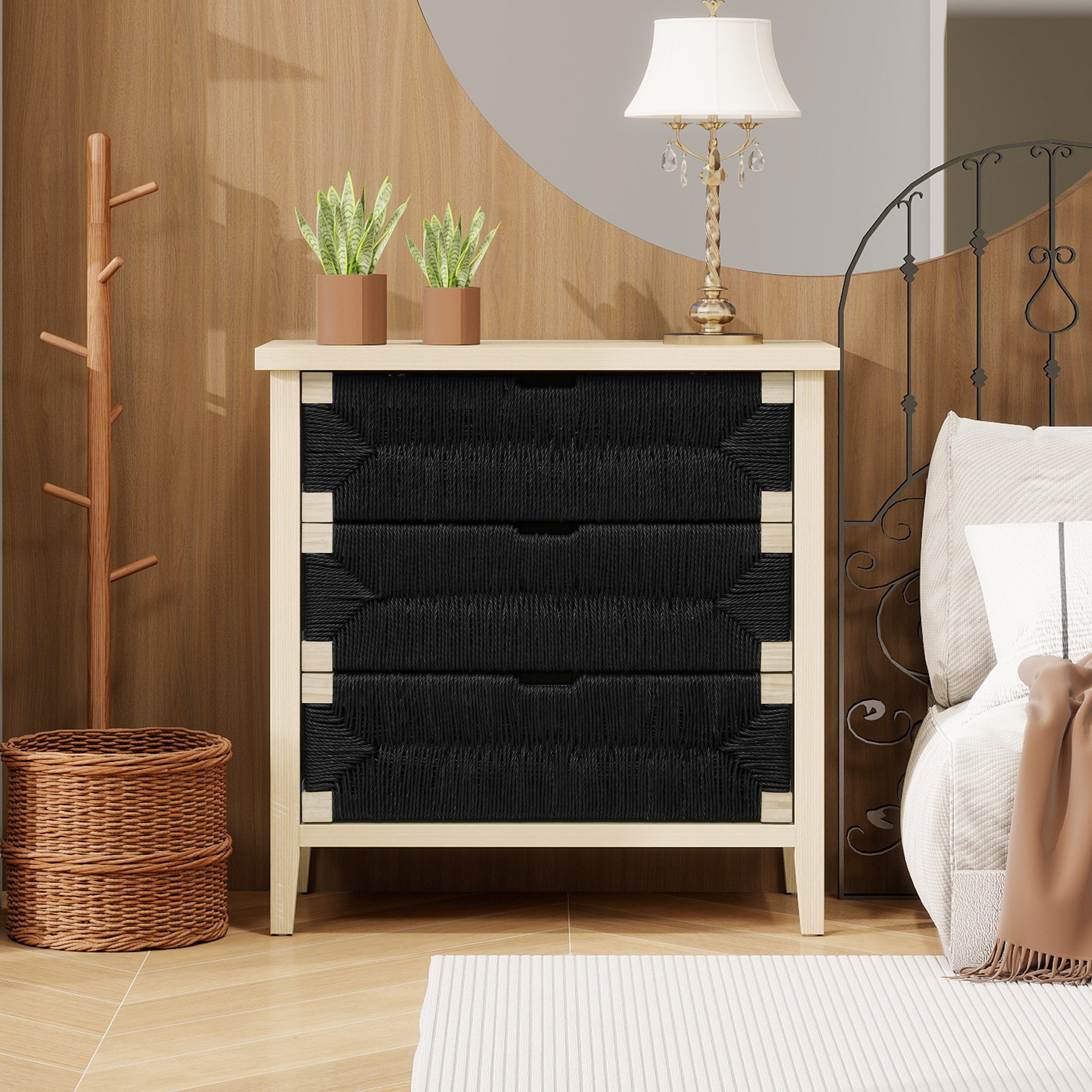 Cómoda de 3 cajones con estructura de madera natural y estampado de cuerda negra, ideal para dormitorio, salón y recibidor (80×40×80 cm).