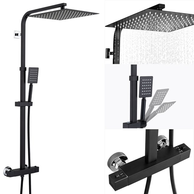 Colonne Douche Thermostatique,Colonne Douche Noir de 38°C avec Mitigeur Systeme Douche Thermostatique Réglable Hauteur 90-116cm,Salle Bain