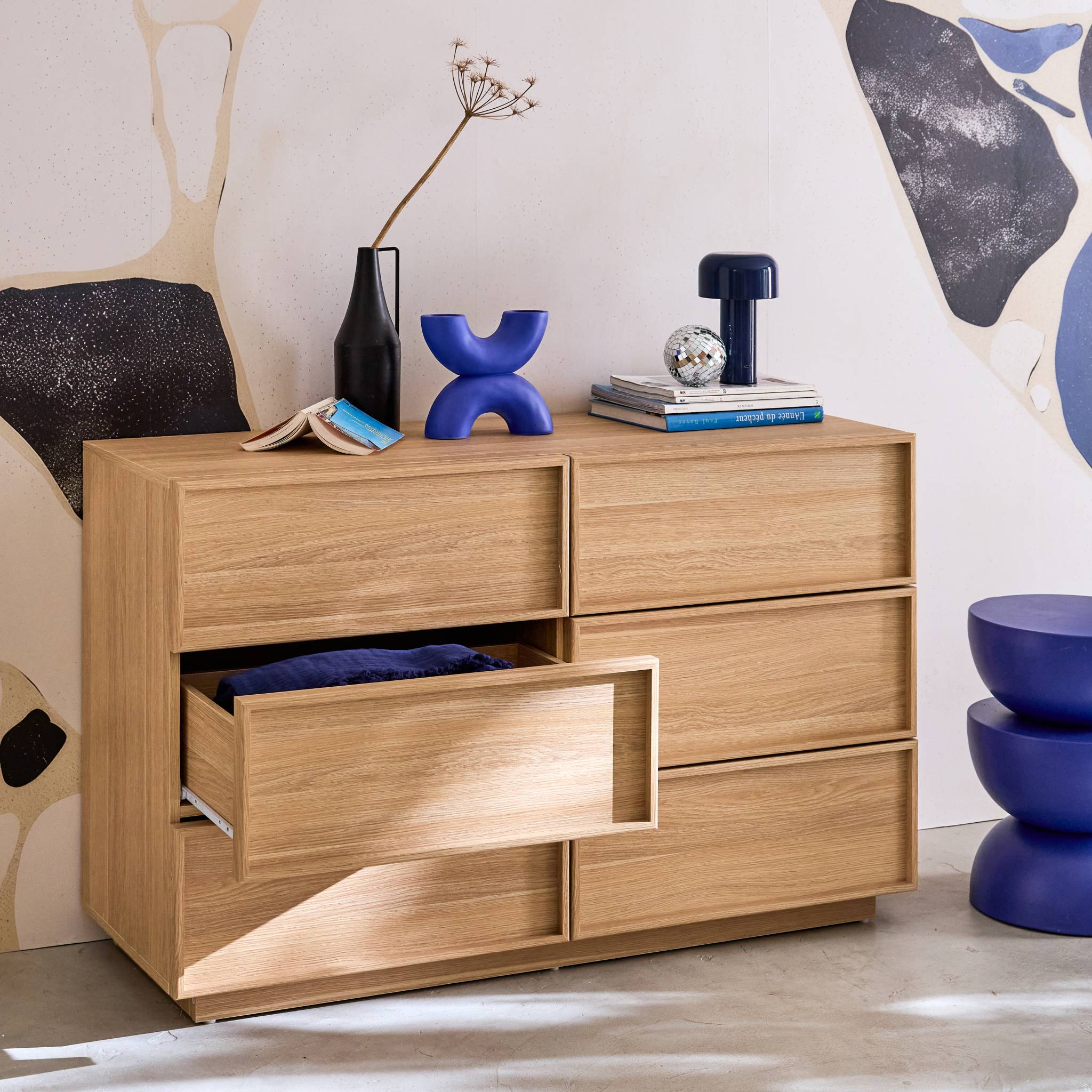 Commode de rangement effet bois 6 tiroirs naturel L 120 x P 43 x H 75cm - Kuba - 3
