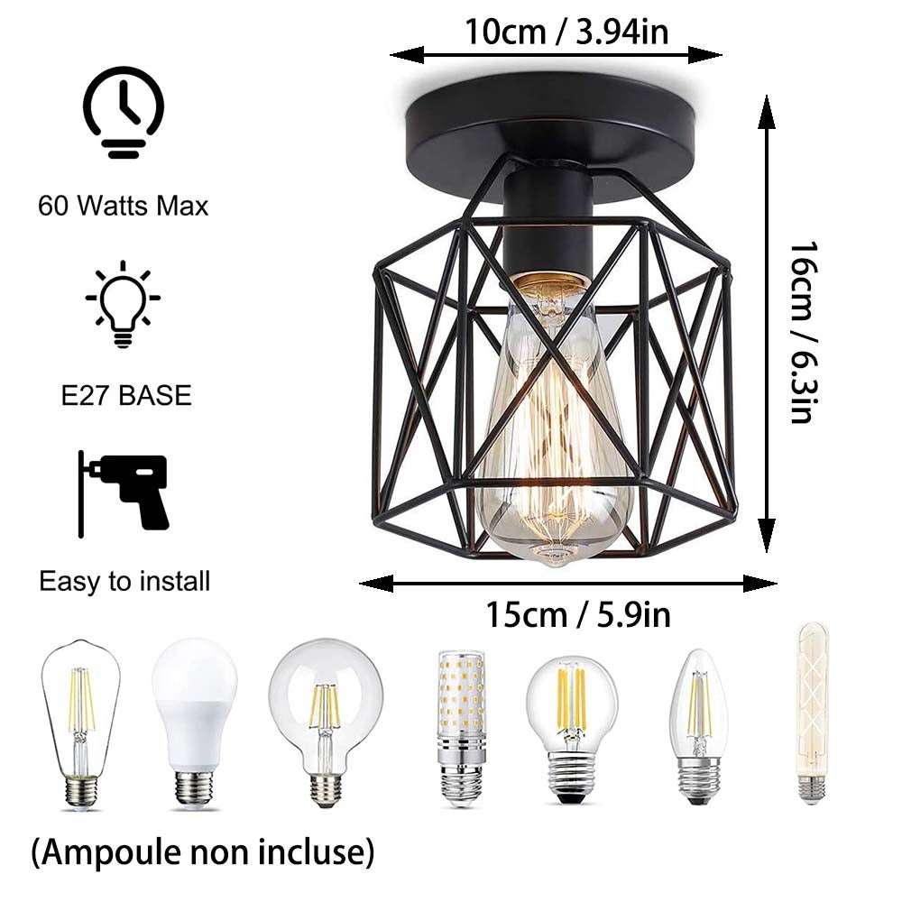 Plafonnier industriel vintage rétro lustre abat-jour douille rétro E27 suspension éclairage de plafond métal couloir chambre cuisine - 1pcs Noir - 5