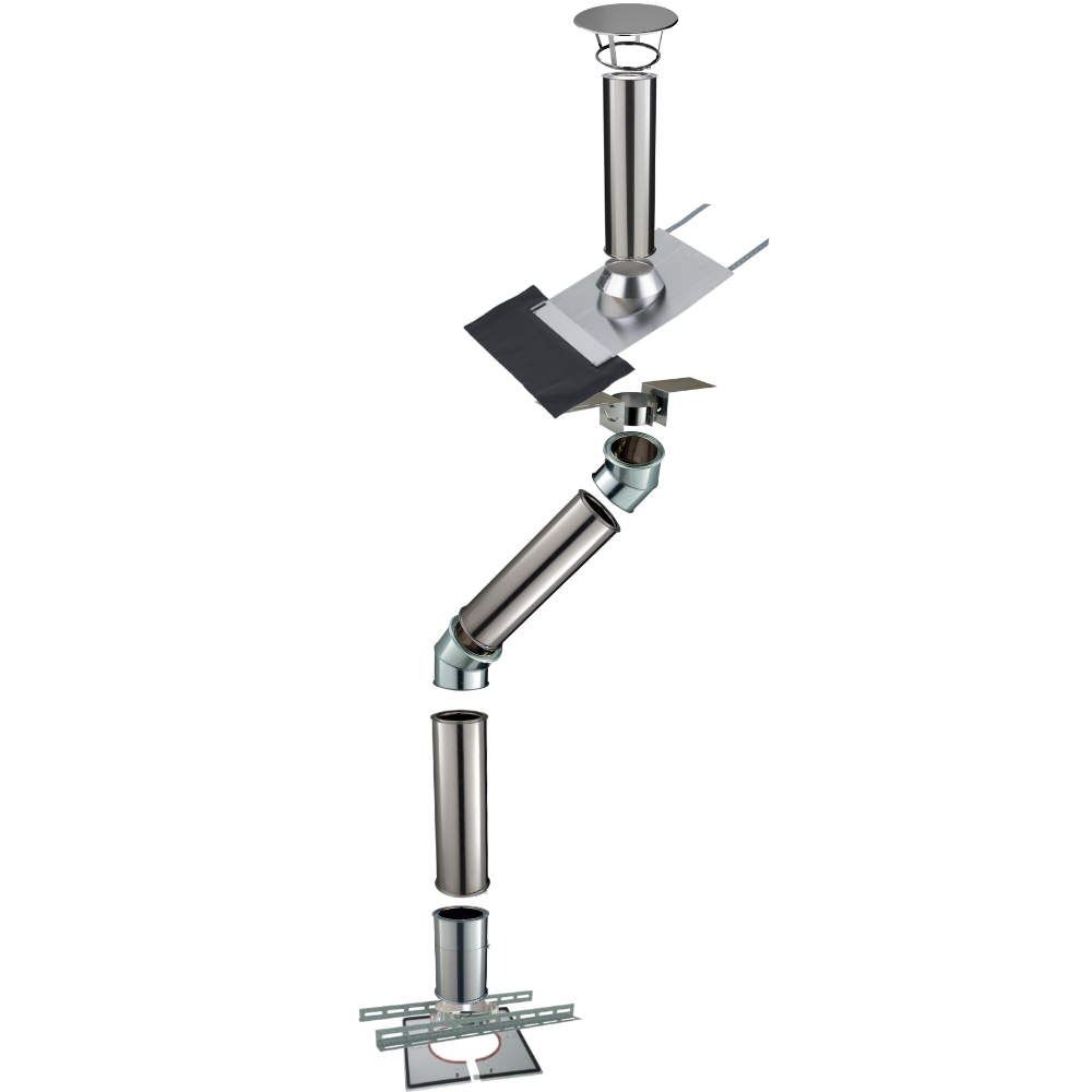 Kit conduit isolé sortie toiture avec dévoiement Inox-Galva et Inox-Inox - Poujoulat Diamètre 150 Configuration du conduit Déport : 92 cm Longueur : 3 - 2