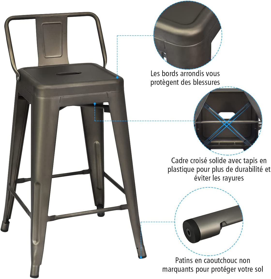 Set di 4 Sgabelli da Bar da 79 cm, Impilabile Sedie da Cucina Alto, in Metallo, con Schienale Rimovibile, Poggiapiedi, Design Industriale (Bro - 4