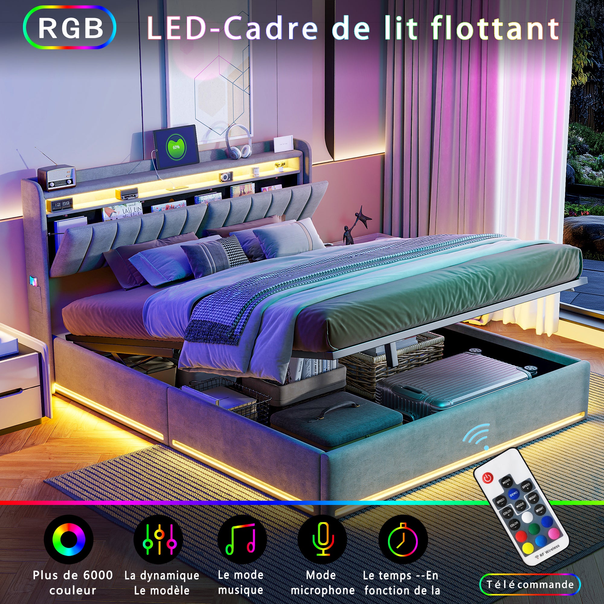 Lit 160x200cm - Lit coffre 160x200 avec sommier et tête de lit rangement - LED et port charge - velours - gris - 9