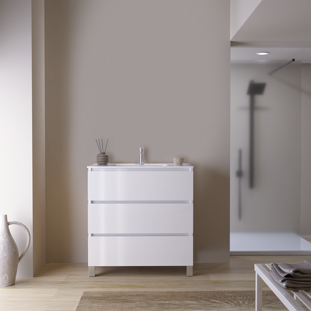 Mobile Bagno JAGUAR 80 cm Bianco Brillante, 3 Cassetti, Lavabo in Ceramica, Piedini Neri – Feel Your Bath - Installazione Facile
