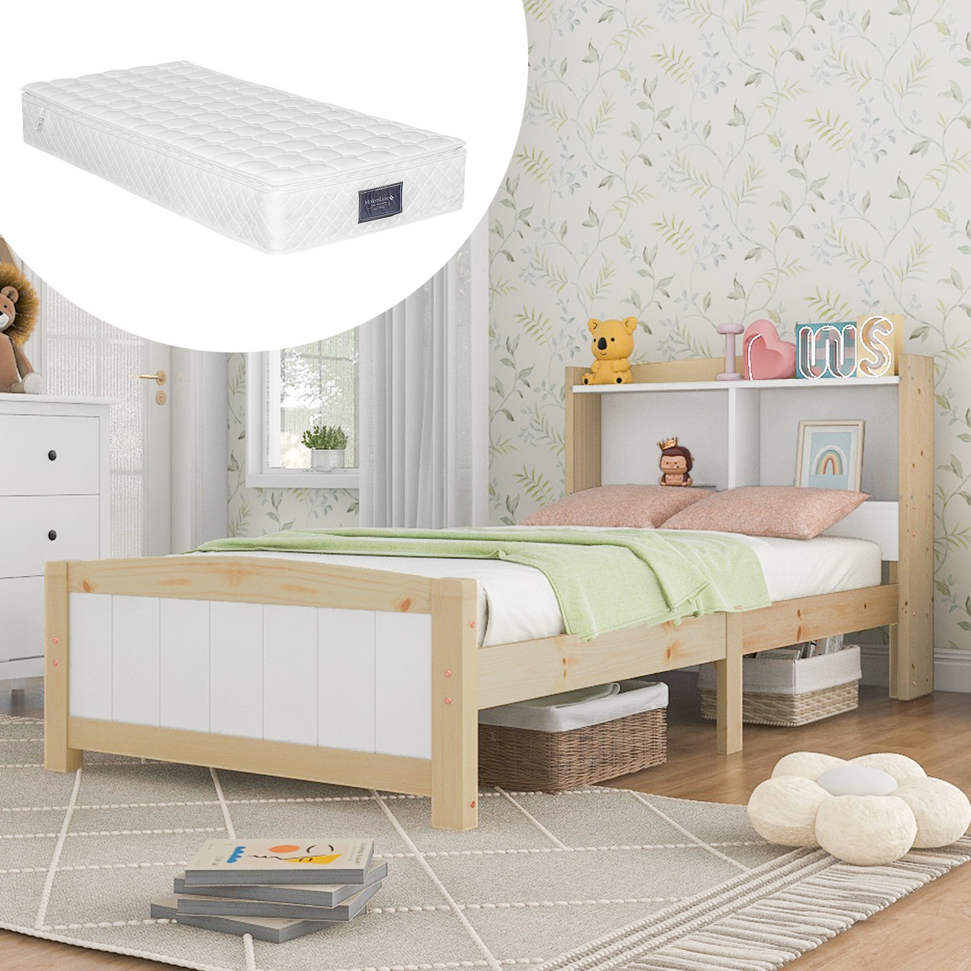 Lit simple avec tête de lit rangement en bois massif,cadre de lit 90 x ...