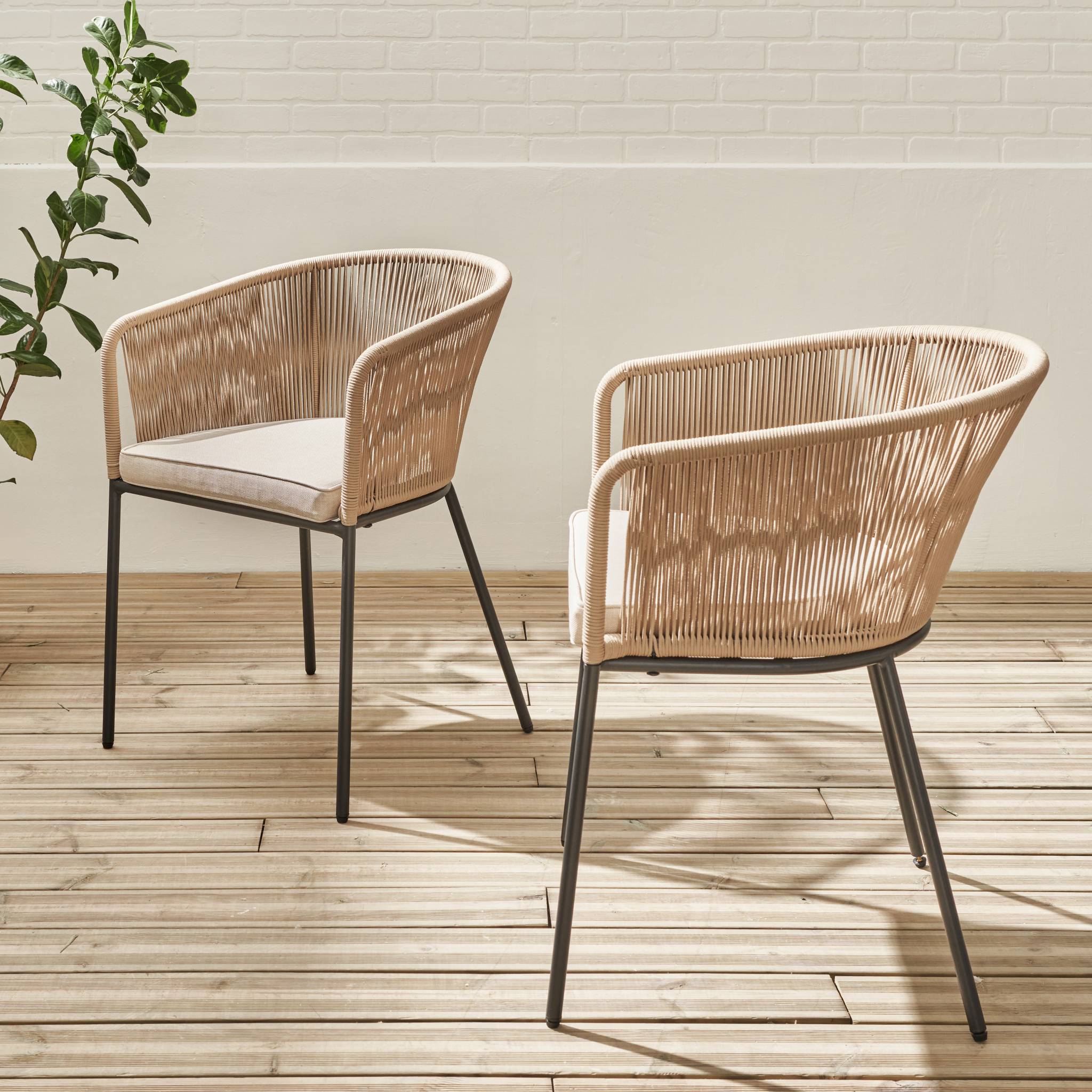 Poltrona da giardino in corda e acciaio zincato, set di 2, Beige - 2
