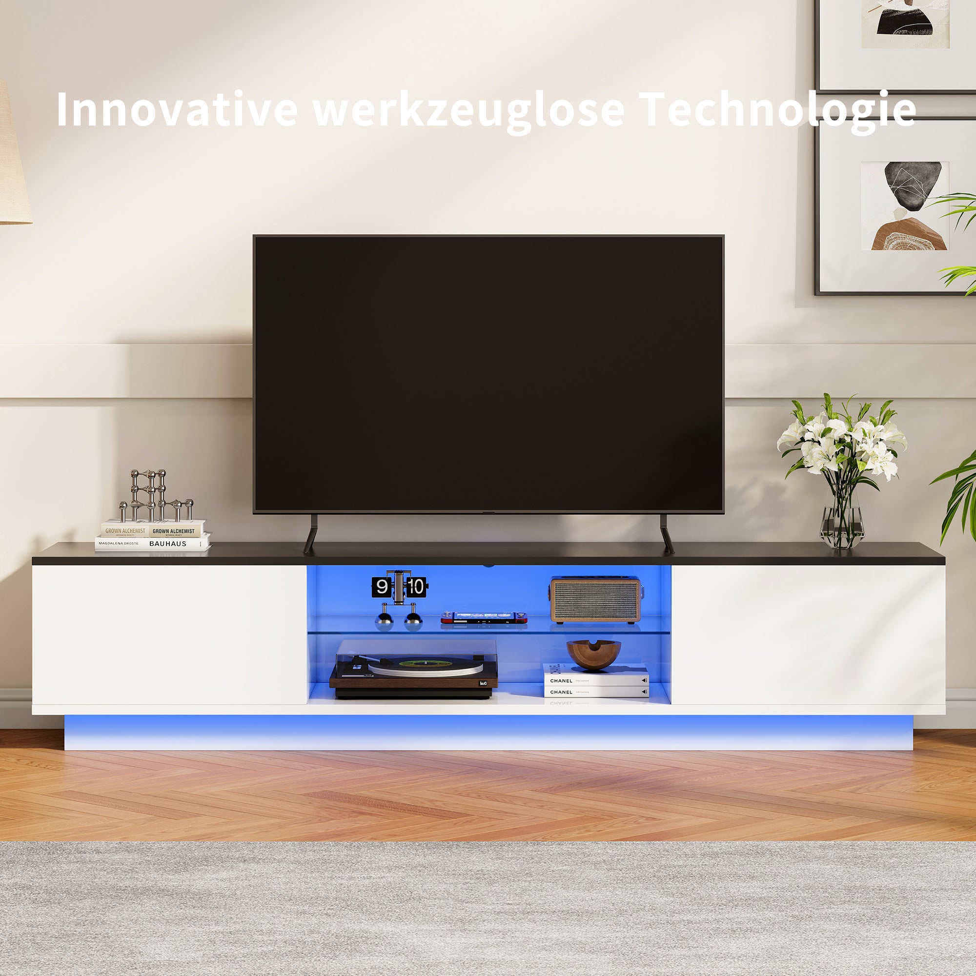 Meuble TV Blanc,Meuble TV Bois avec 2 Portes de Rangement et Étagères en Verre Intégrées,Meuble TV Led,TV Meuble Moderne,130x32x35cm,Blanc - 5