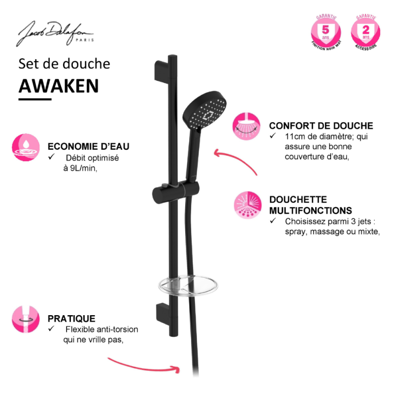 Pommeau de douche + barre + flexible JACOB DELAFON Awaken noir mat - 4