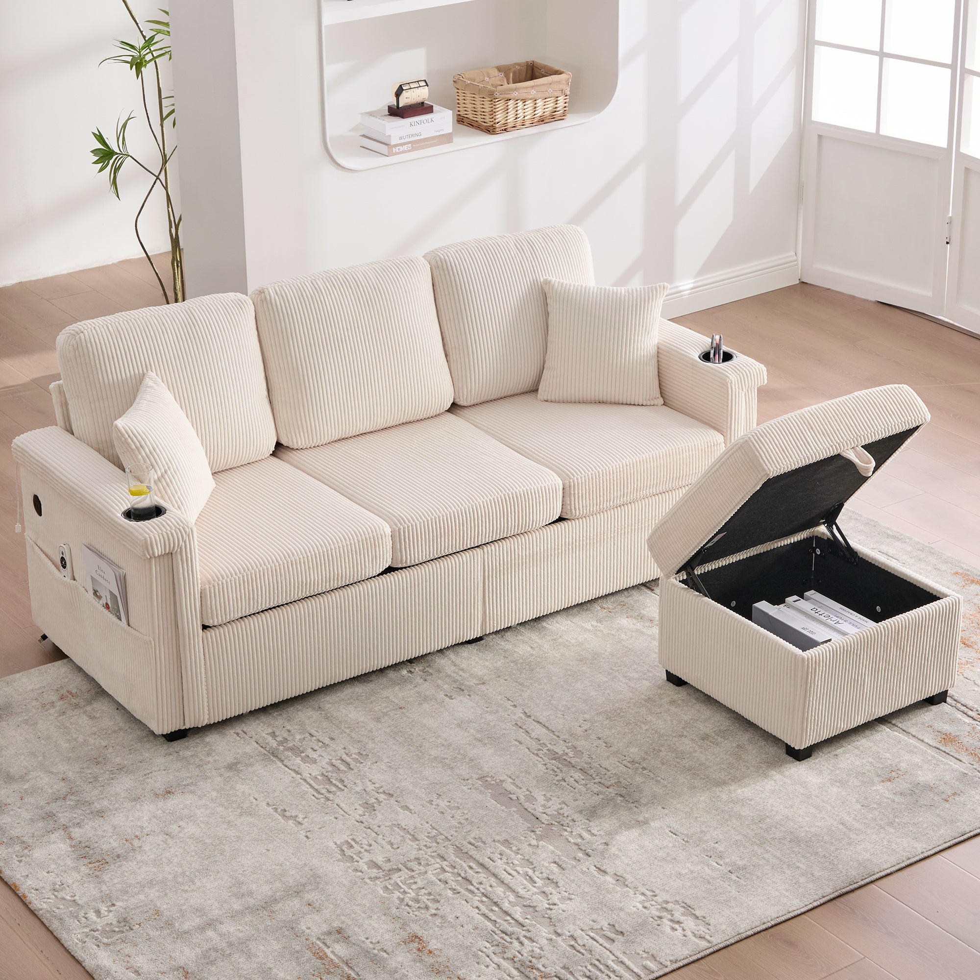 Canapé velours premium beige - Éclairage LED + port USB-C - Repose-pieds rangement + porte-gobelets - Salon/bureau - 4