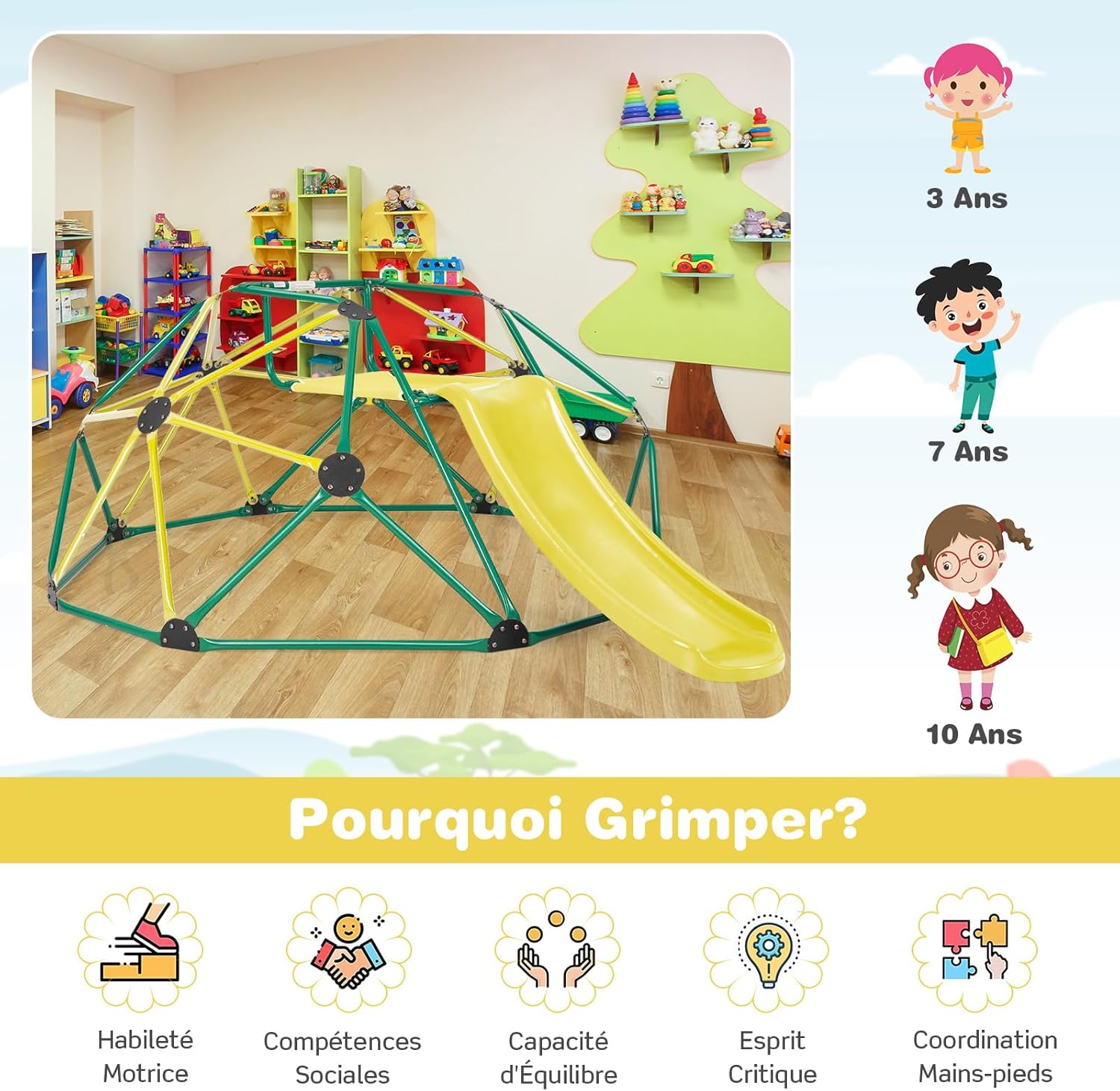 Conjunto de cúpula de escalada e escorrega 2 em 1, escada de escalada geométrica em metal estável com capacidade para 150 kg, parque infantil (verde e - 4