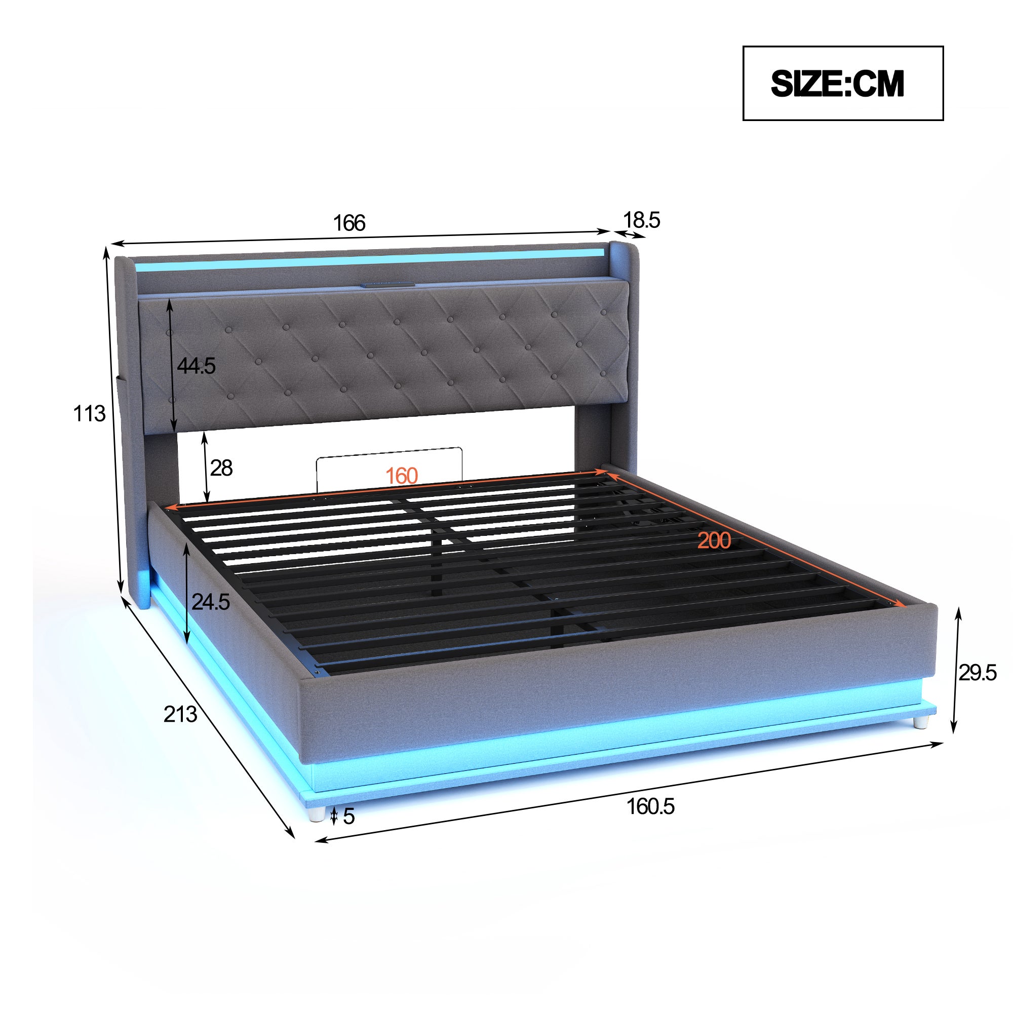 Cómoda Cama Tapizada con LED 160x200 cm - con Puerto de Carga USB - Tela de Lino - Gris - 5