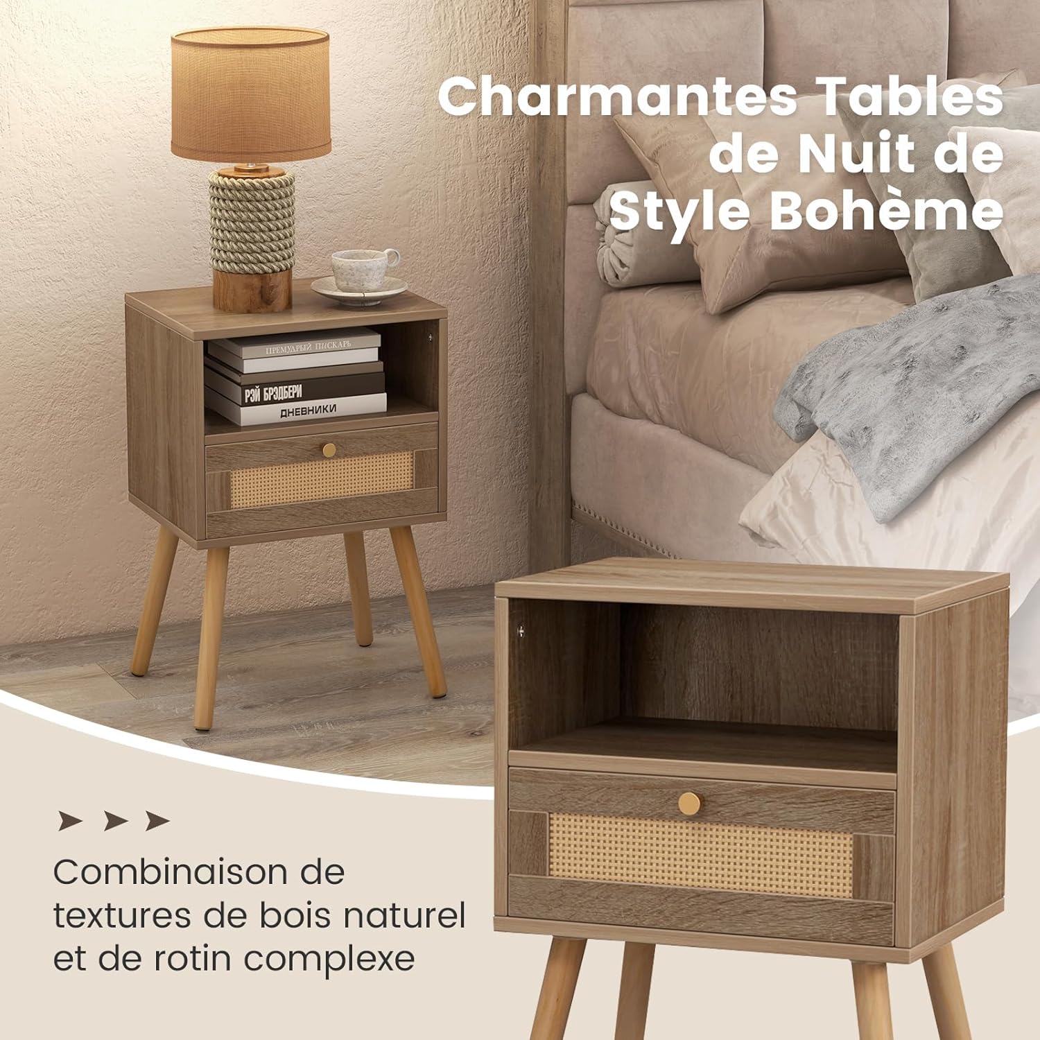 Lot de 2 Tables de Nuit en Rotin, Table de Chevet Bois avec Tiroir, 4 Pieds en Pin, Compartiment Ouvert, Table d'Appoint pour Salon, Chambre - 2
