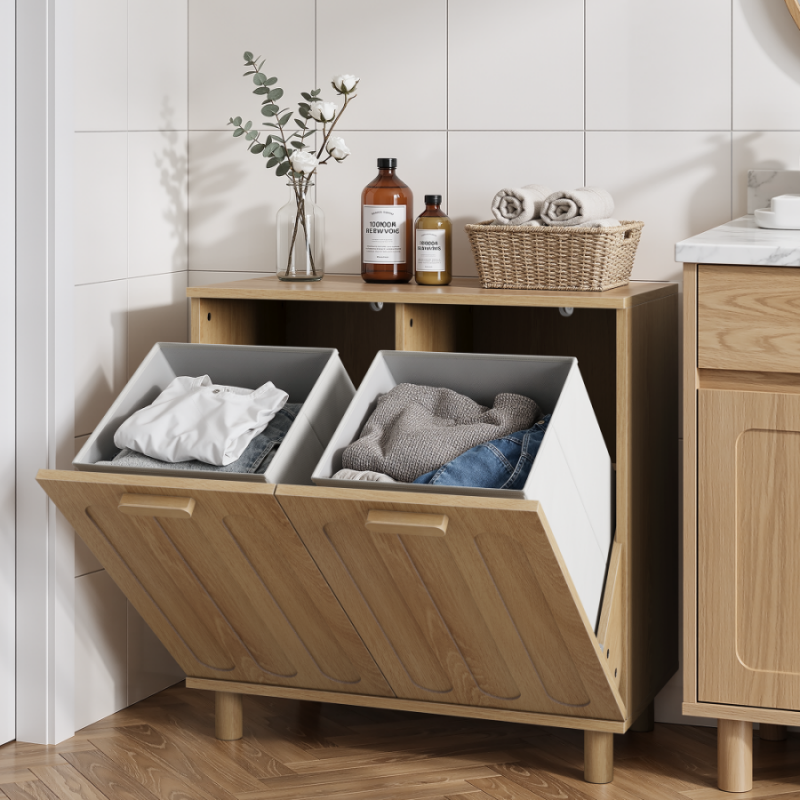Panier à linge basculant en MDF chêne, armoire de rangement salle de bain, style européen, Art Déco, panier amovible, meuble moderne - 5