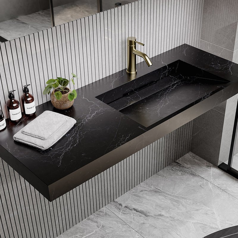 Umywalka wisząca solid surface z efektem czarnego marmuru - 120 x 45 x 8 cm - OKAPA