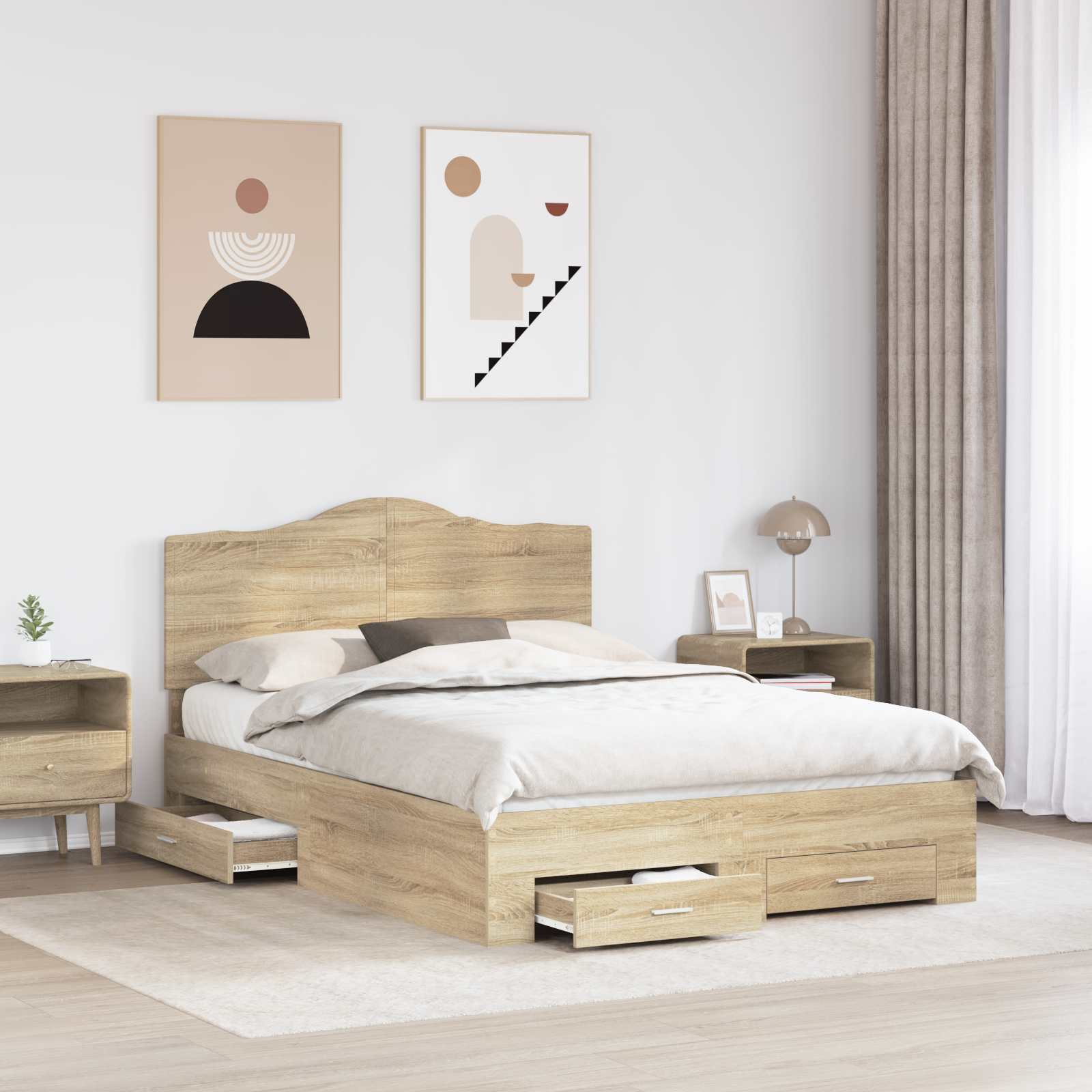 Cadre de lit en panneau de bois, chêne, pour la chambre, 150 × 200 cm - 3