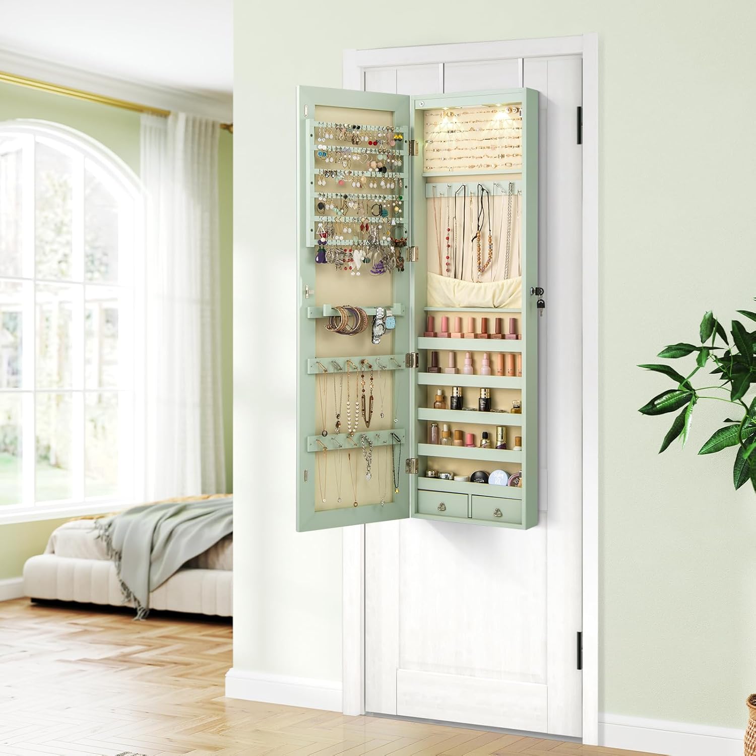 Armoire à Bijoux avec Miroir, Armoire a Bijoux Murale avec Éclairage LED, 2 Tiroirs, Fixer au Mur ou à Suspendre sur Porte (Vert) - 4