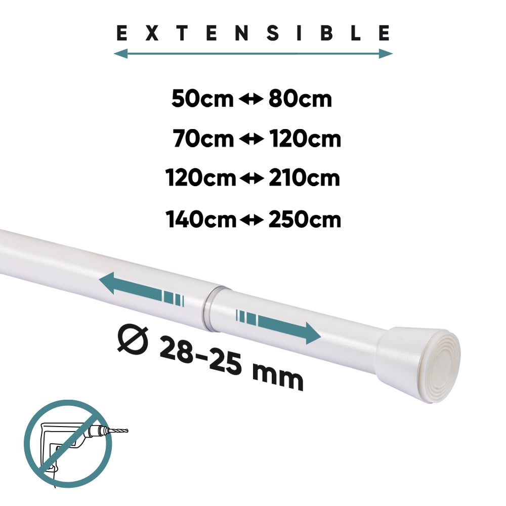 Barre de rideau extensible sans perçage Ø28 mm en métal, Installation facile, Barre de rideau Premium, CINTACOR Blanc 70-120 cm - 4