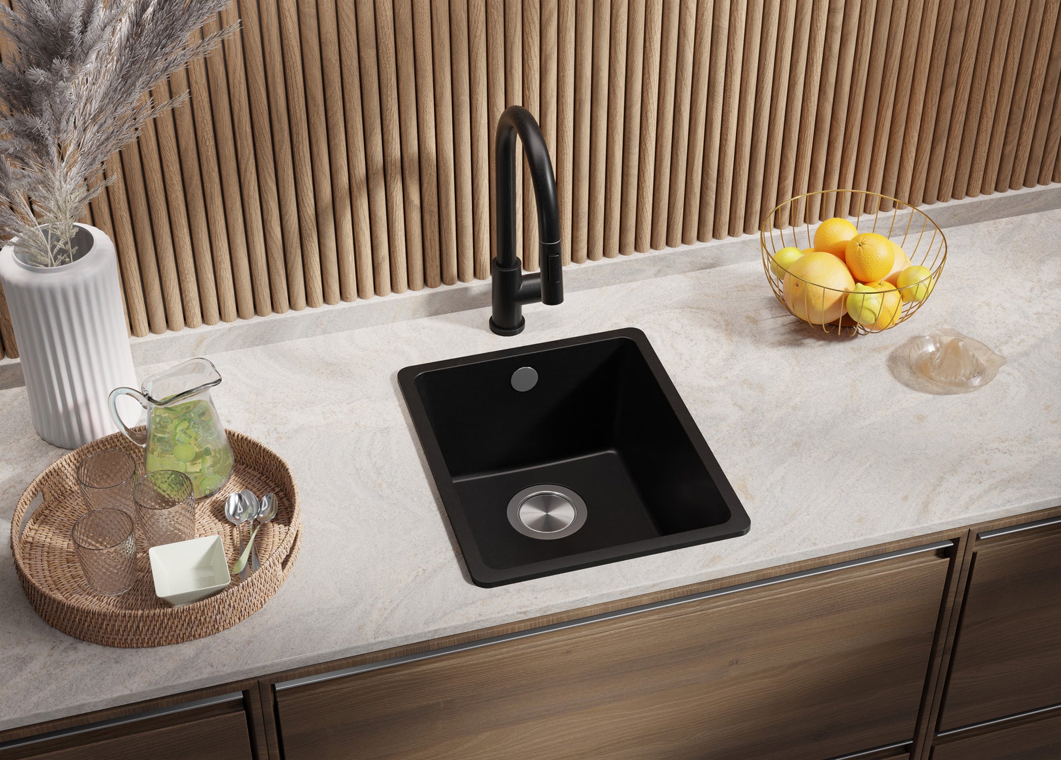 Lavandino da Cucina Nero 36x44cm, Lavello in Granito a 1 vasca + Sifone Classico + Accessori, Lavabo da Cucina Incasso al mobile 40cm PRIMAGRAN - 2