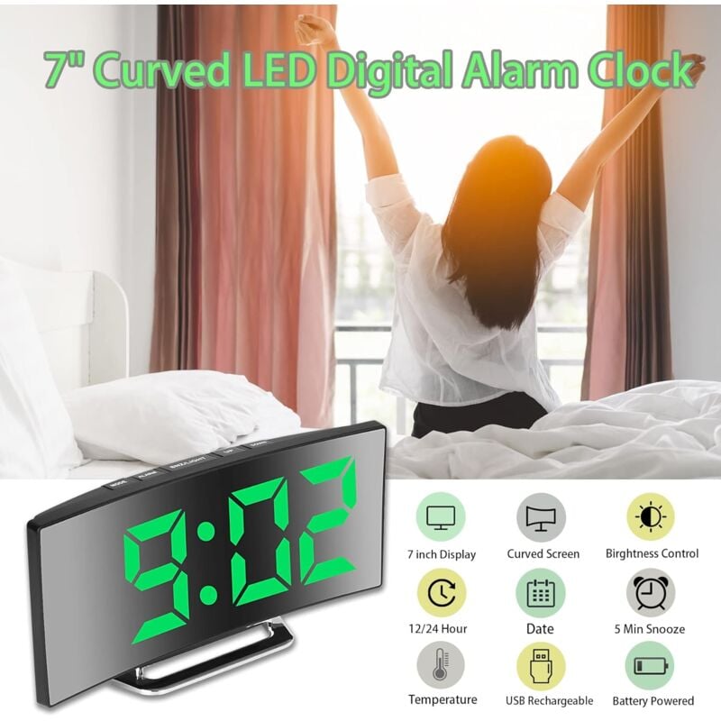 Réveil numérique pour chambre à coucher, écran miroir LED 7