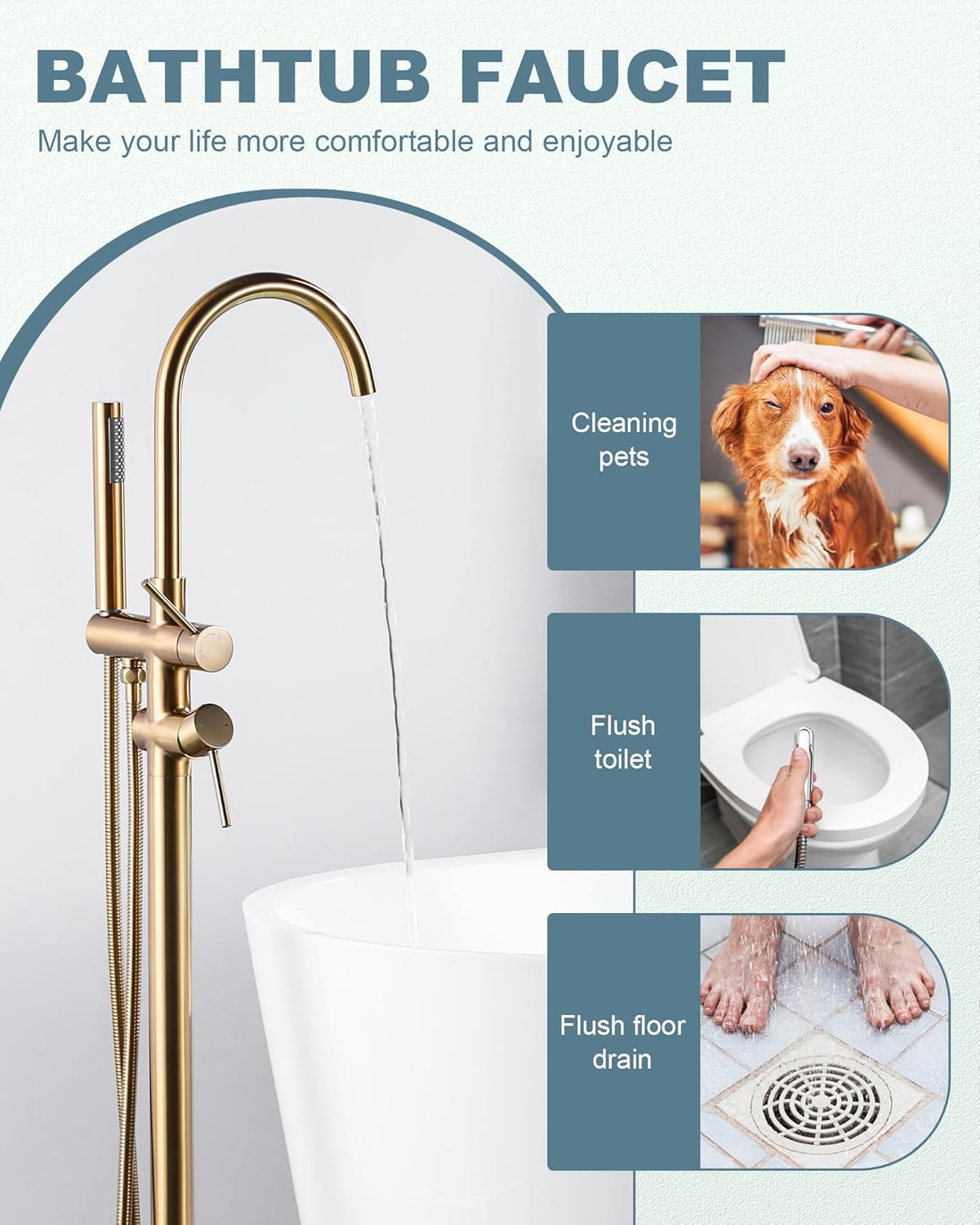 Ensemble de douche, système de douche, robinet de baignoire sur pied, robinet de baignoire sur colonne, ensemble avec douchette Doré poli - 6